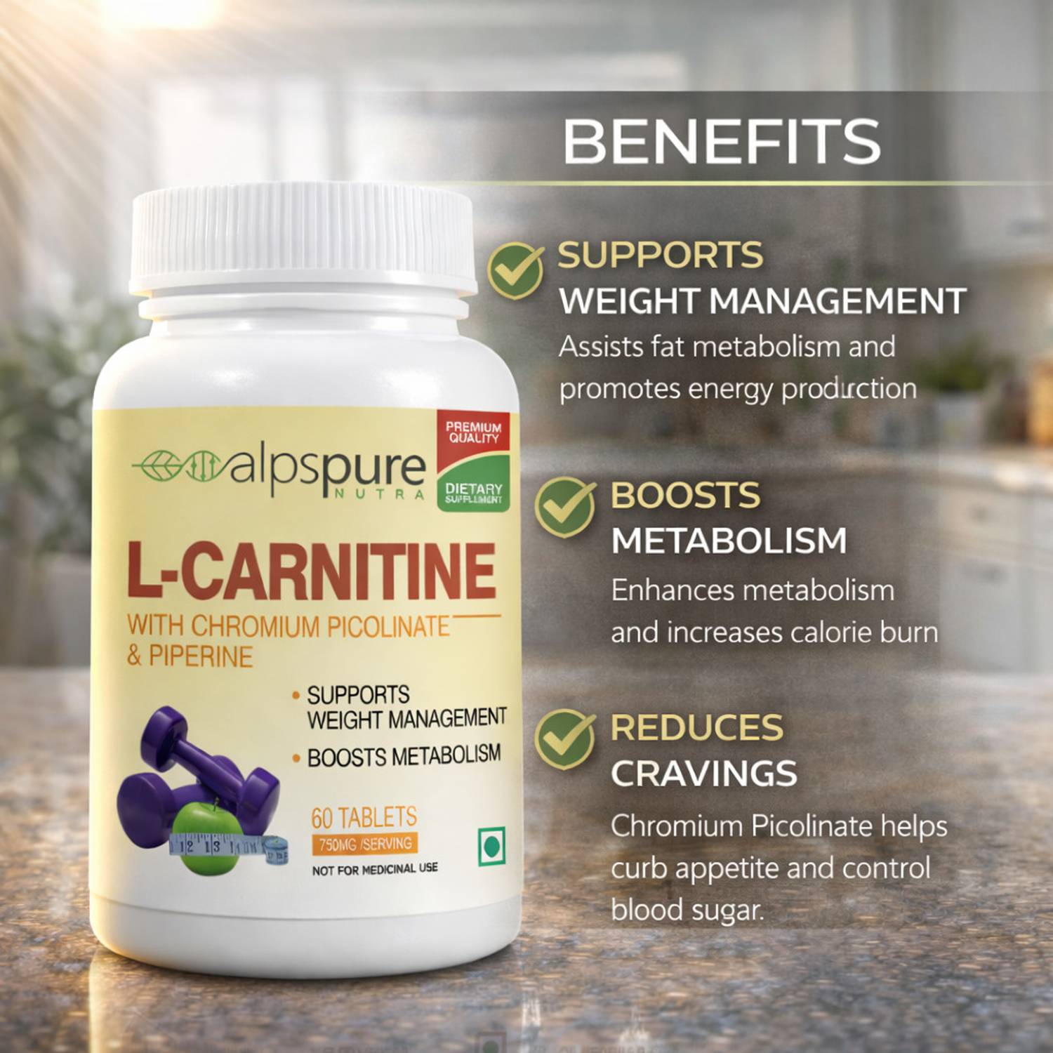 ALPSPURE Nutra L-Carnitine 750mg Tablets, Chromium Picolinate, Piperine, Boosts Metabolism