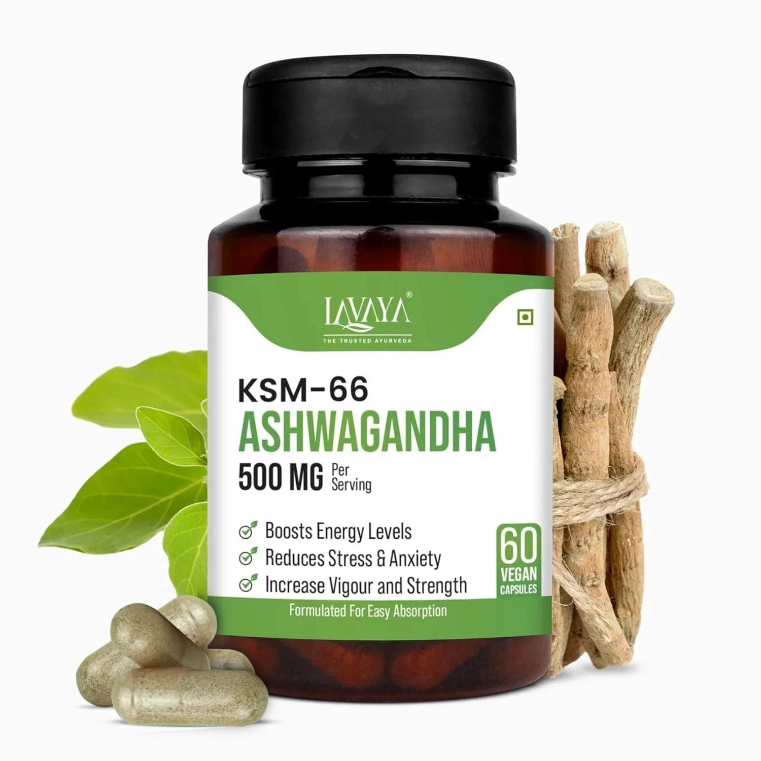 Image of Lavaya Ashwagandha KSM-66 | Support Strength & Energy| Stress Relief | Vegan