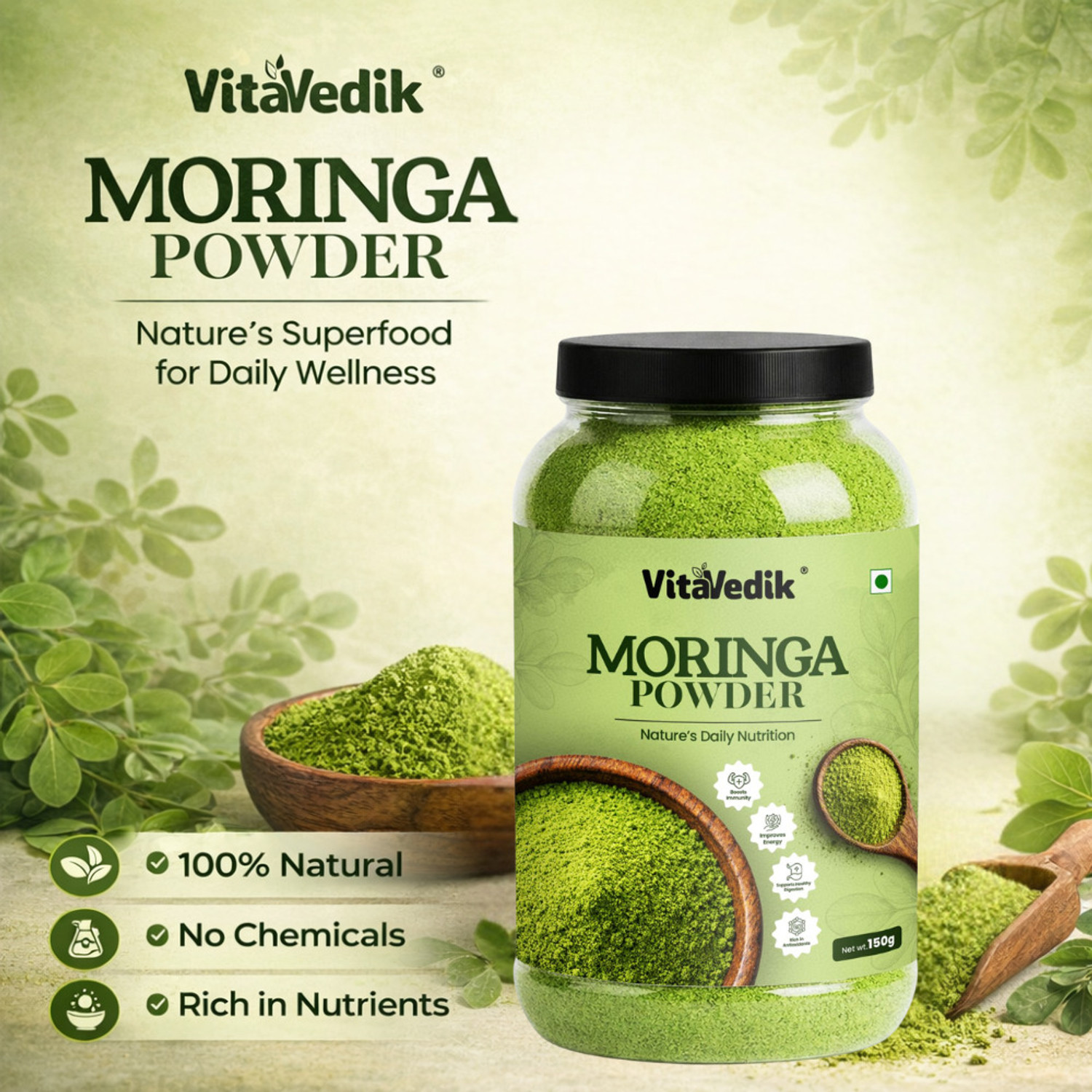 Image of VitaVedik Moringa Powder 100% Pure & Natural Superfood | Rich in Vitamins, Iron & Calcium