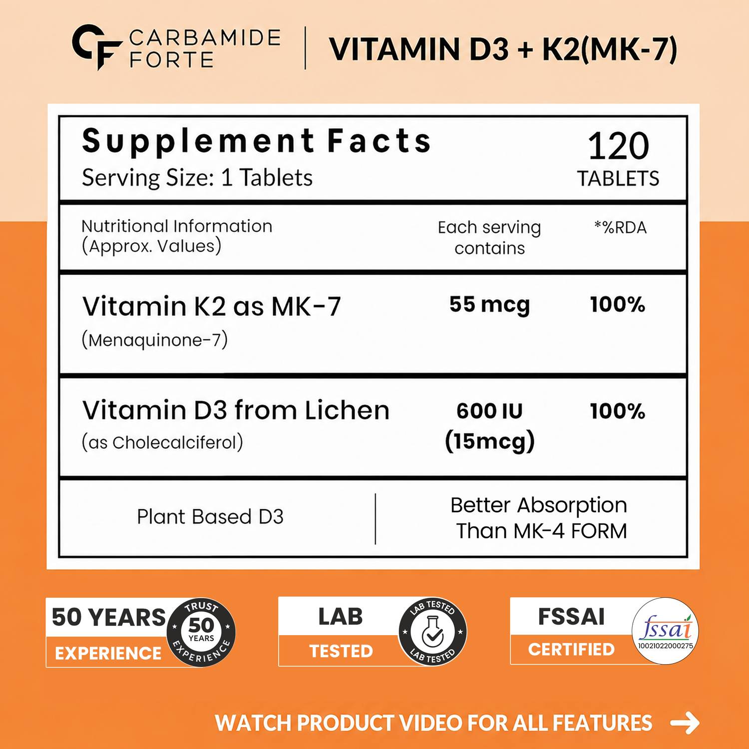 CARBAMIDE FORTE Plant Based Vitamin D3 K2 MK7 Supplement - Image 3