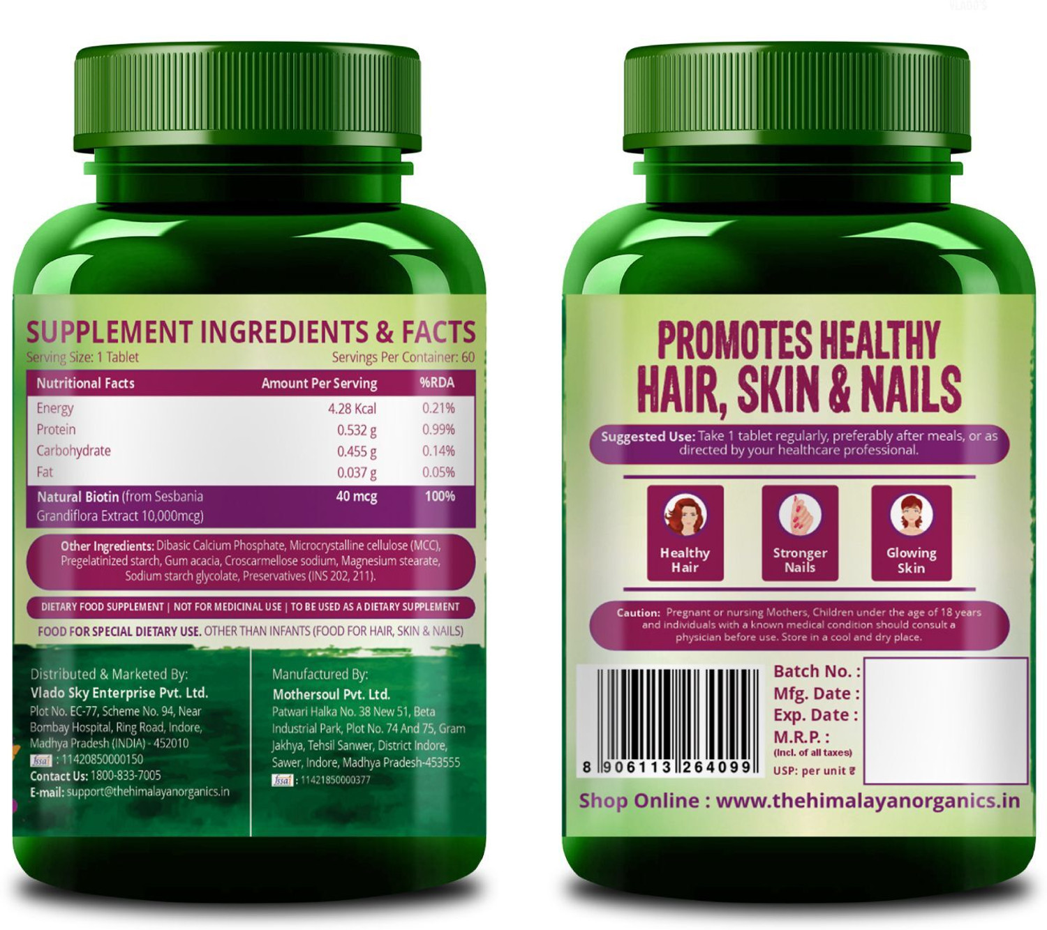 Image of Vlado's Himalayan Organics Biotin 10000 MCG Sesbania Grandiflora Extract for Hair, Skin & Nails