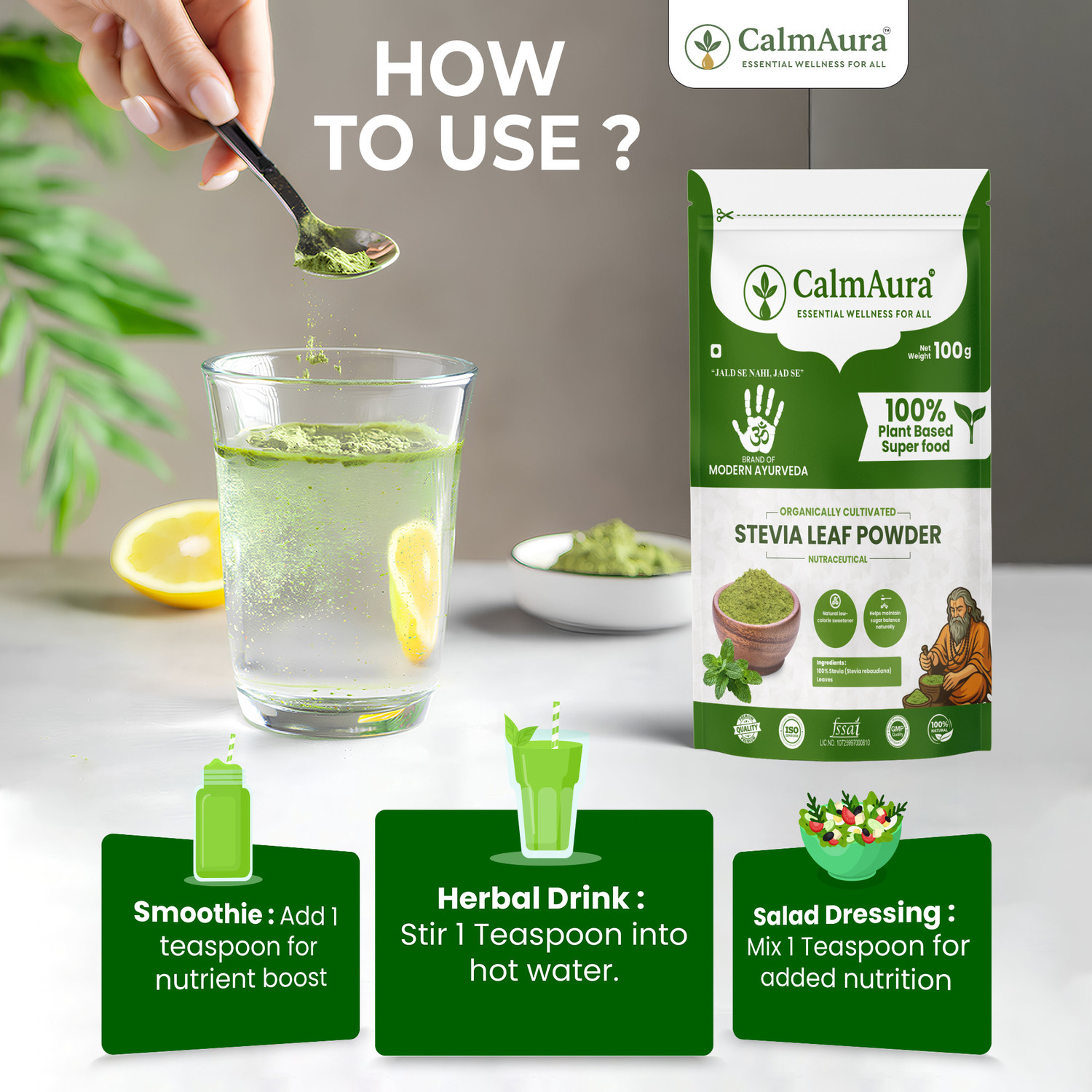 Image of CalmAura Stevia Leaf Powder | Natural Sweetener | Sugar Free Substitute