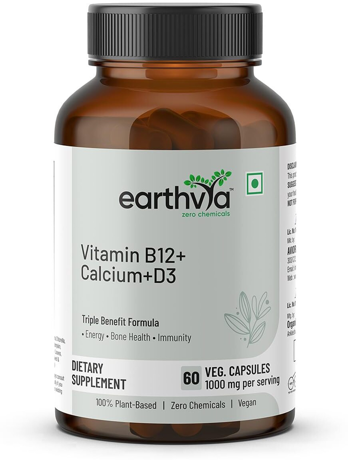 Image of earthvya Plant-Based Vitamin B12 Supplement + Calcium D3 for Energy, Bone & Immunity (60 Capsules)