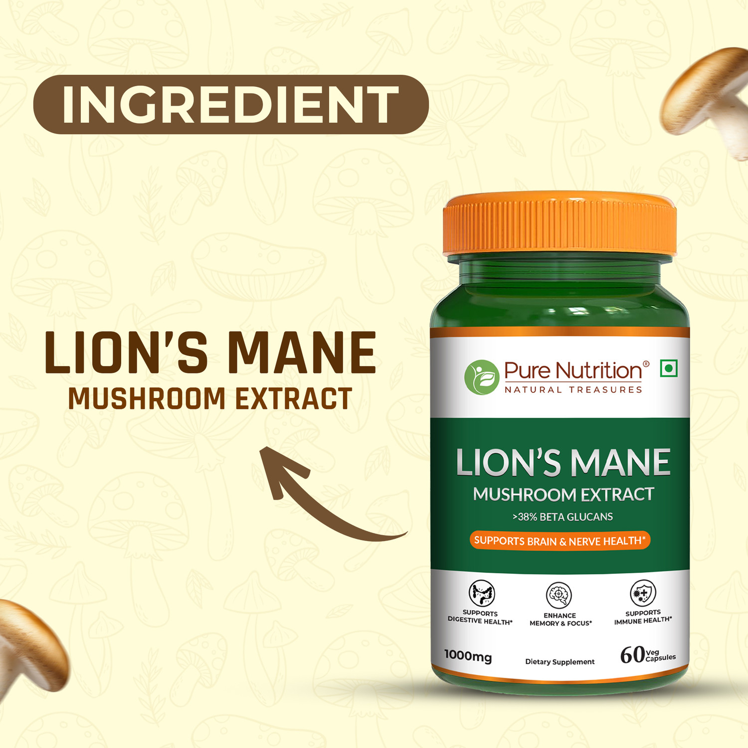 Image of Pure Nutrition Lion's Mane Mushroom Extract 1000 mg | Brain, Memory & Nerve Health