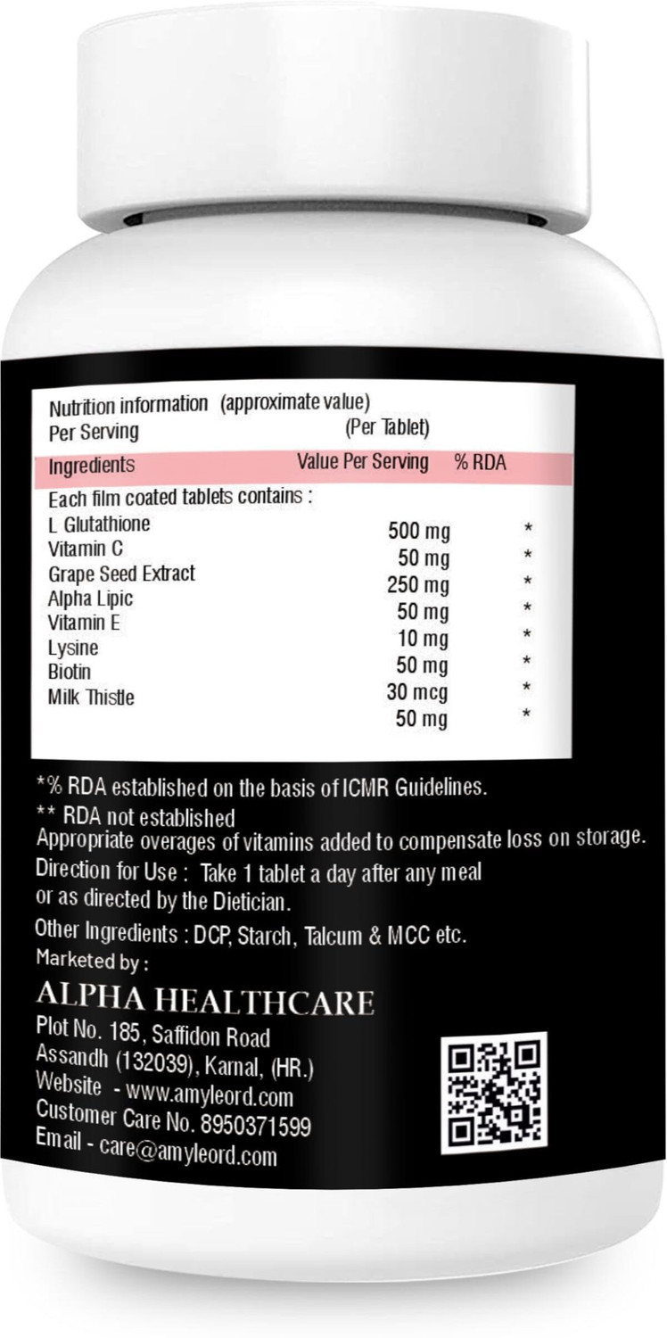 Image of Amyleord L-Glutathione Tablet 1000mg with Vitamin C&E, Biotin, Grape Seed for Skin Glow
