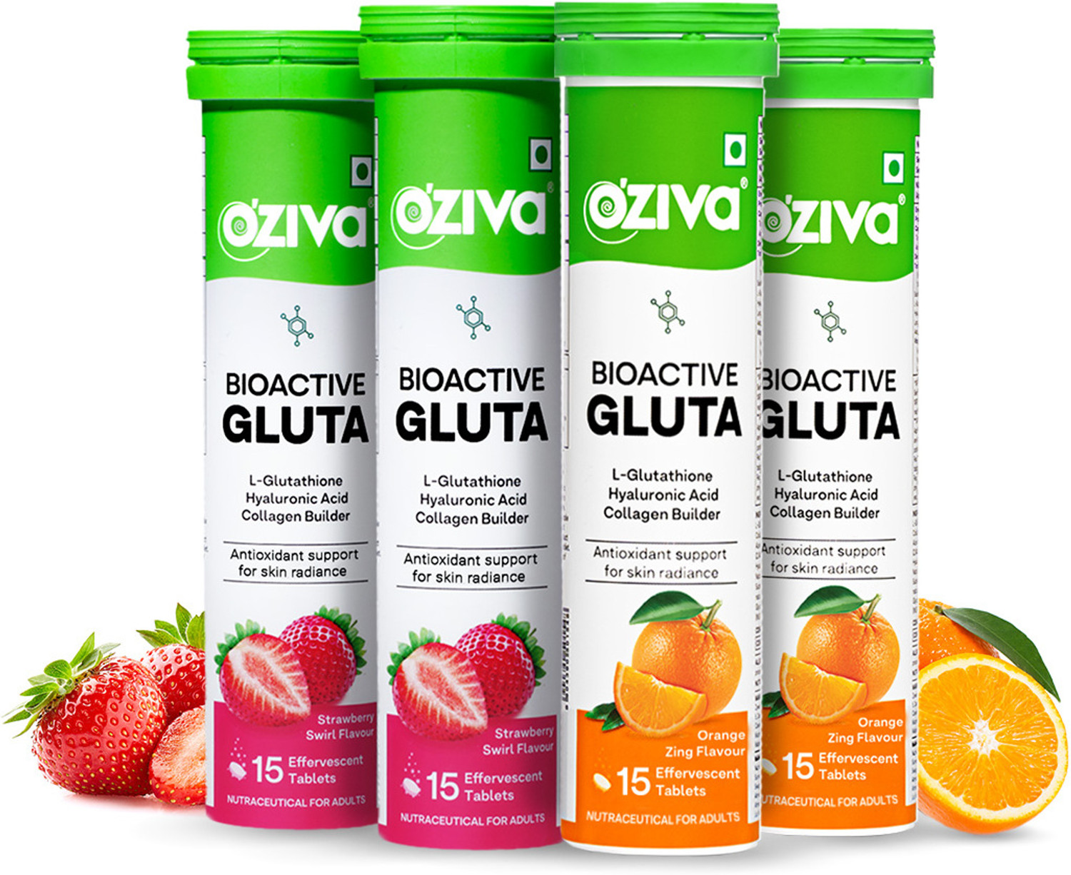 Image of OZiva Bioactive Gluta Fizzy (Strawberry & Orange)To Reduce Pigmentation,5 Antioxidants
