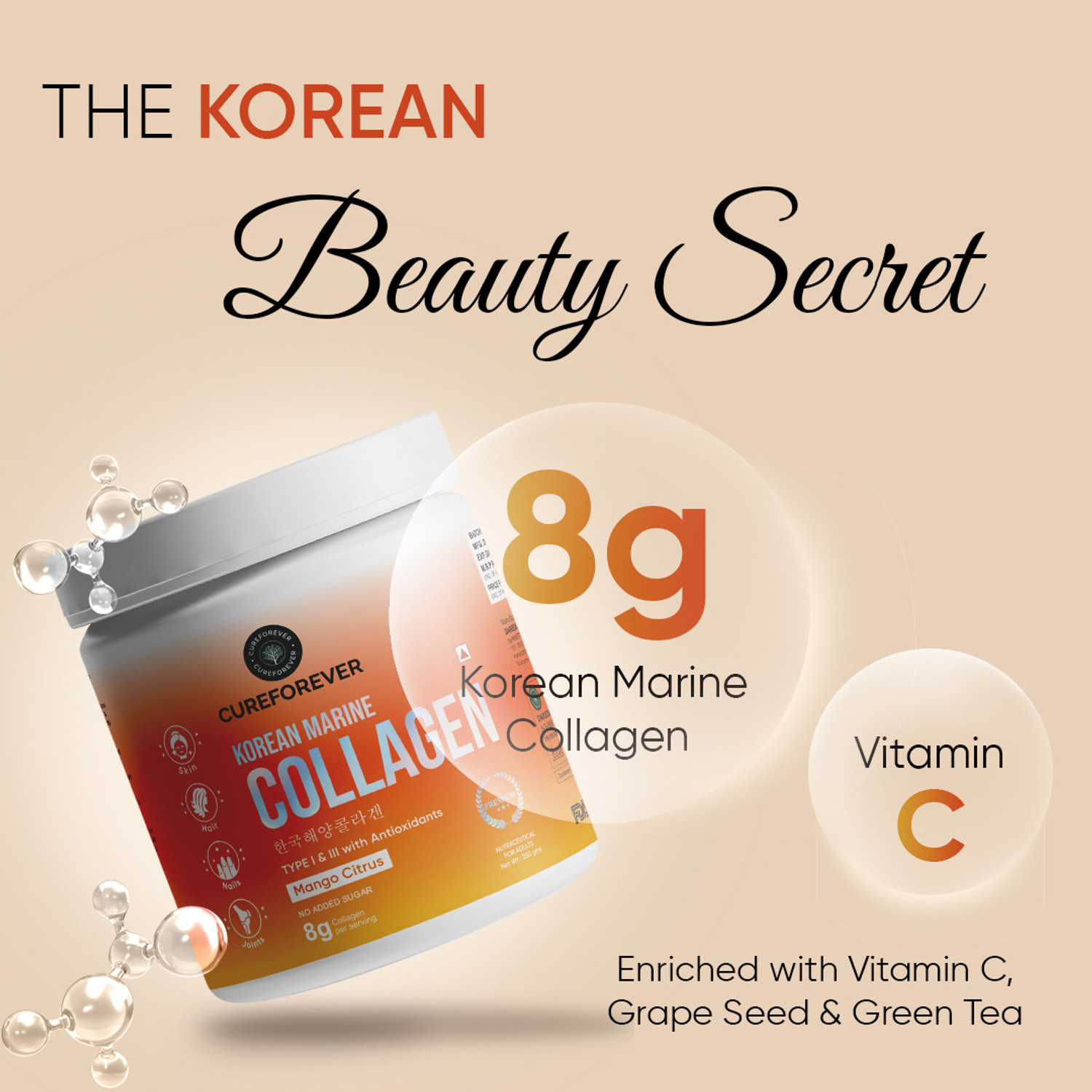 Image of CureForever Korean Marine Collagen Supplement Hydrolyzed Collagen Powder Mango Citrus Flavor