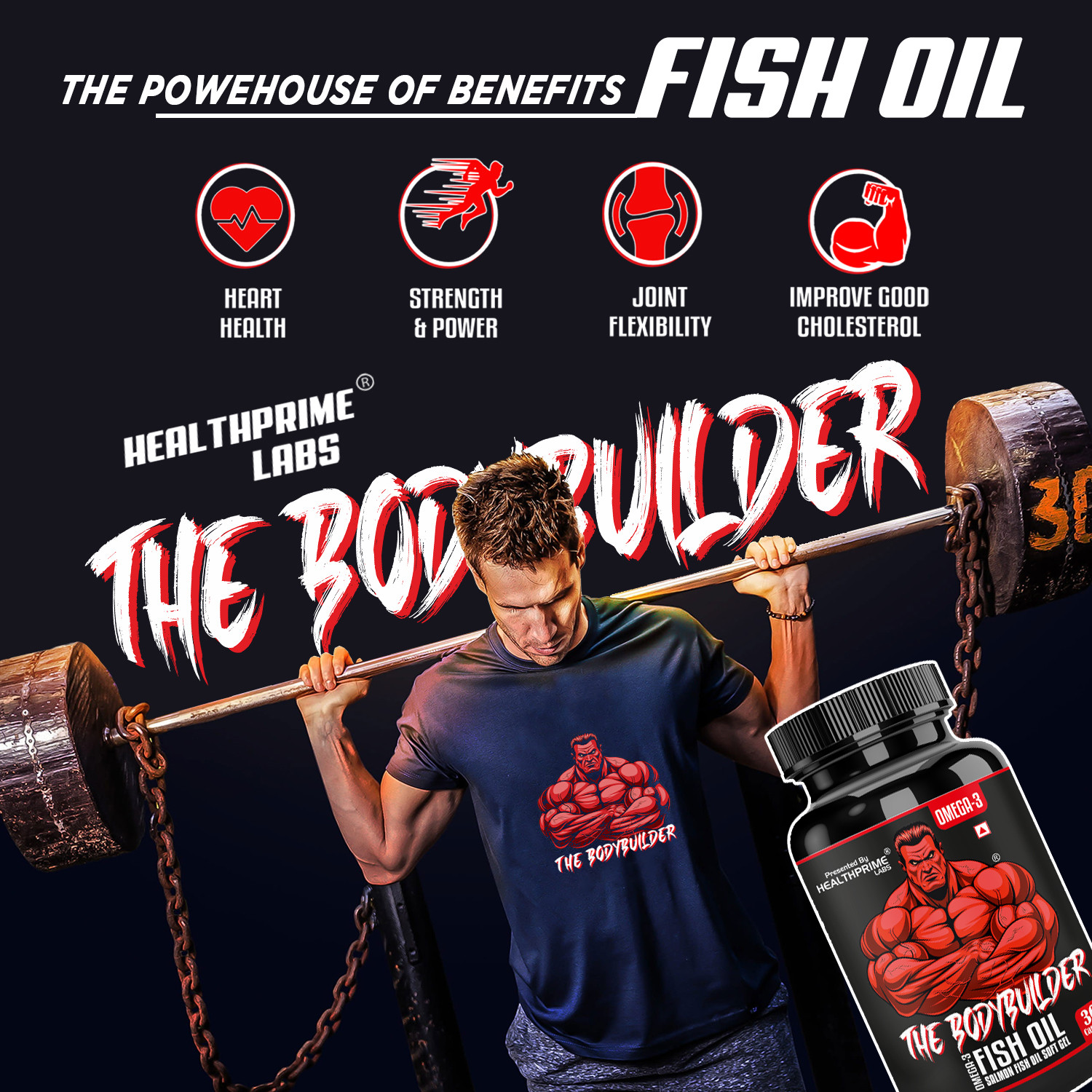 Image of HEALTHPRIME LABS The Bodybuilder Omega 3 Fish Oil 1000mg with EPA+DHA for Heart & Muscle Health