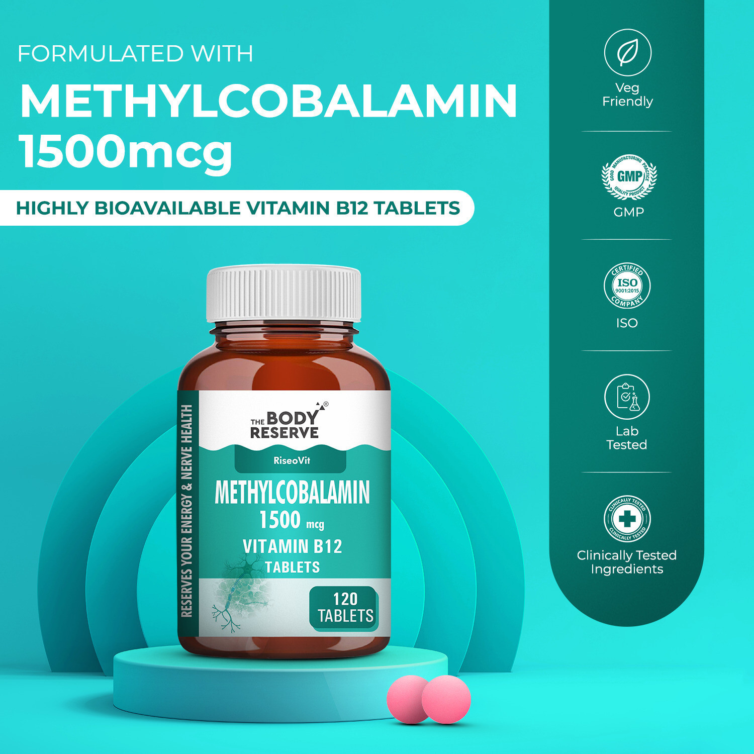 Image of THE BODY RESERVE Vitamin B12 Tablets 1500 mcg as Methylcobalamin Supplements for Men & Women(120)
