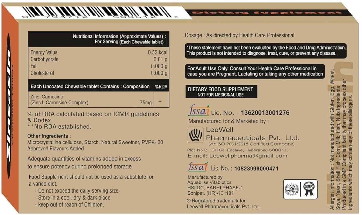 Image of zincasin Zinc L carnosine 75mg | Leaky gut | Stomach Ulcer, Gut Lining health supplements