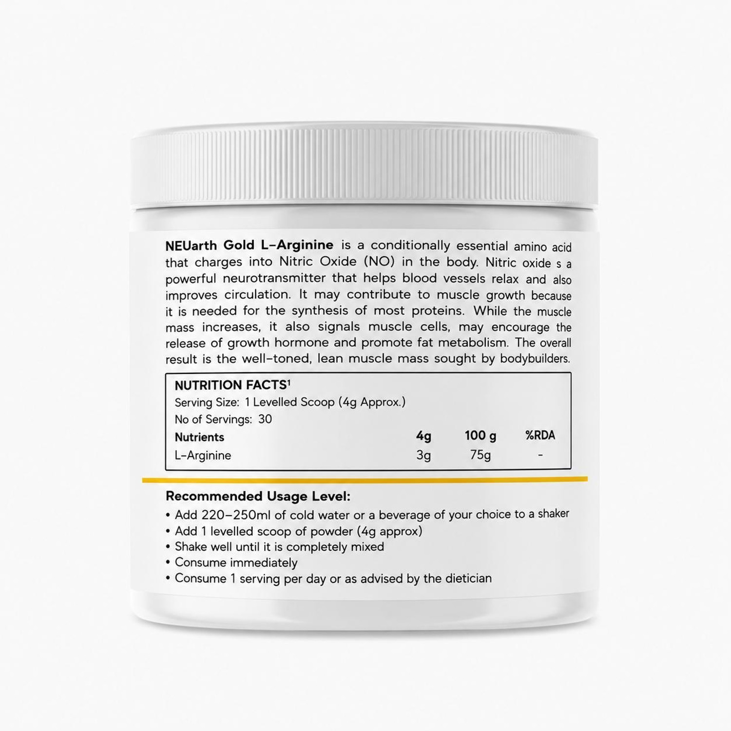 Image of Neuarth Pure L-Arginine Powder 100gm | Nitric Oxide Booster | Muscle Pump | 33 Servings