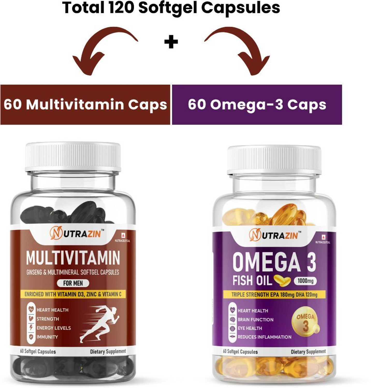 Image of NUTRAZIN Men's Wellness Combo | Multivitamin with Ginseng,+ Omega 3 Fish Oil (2 x 60 Capsules)