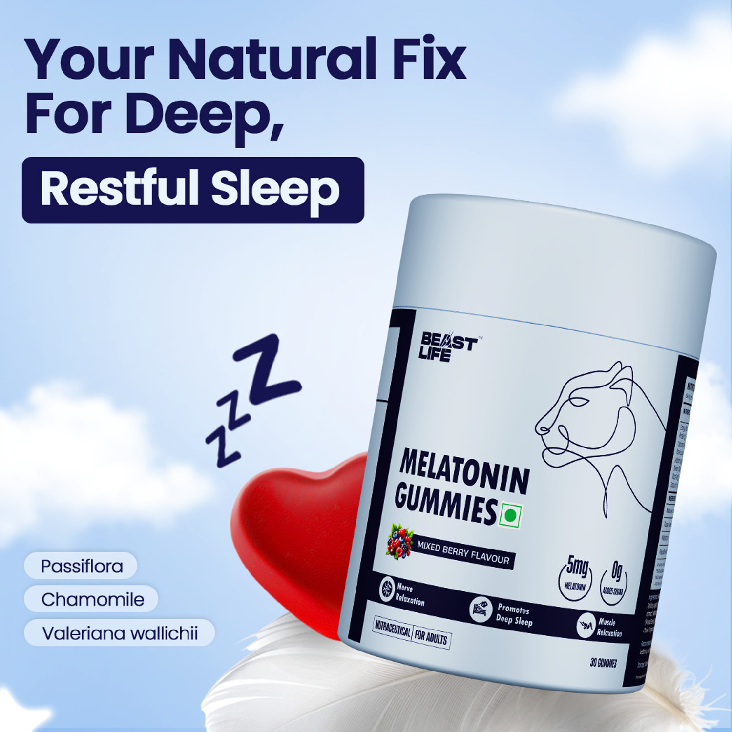 Image of BeastLife Melatonin Gummies 5mg- Promotes Deep Sleep | Non-Habit Forming | Relieves Stress