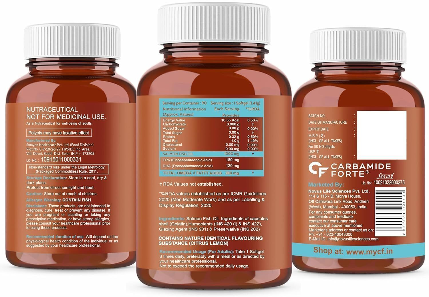 Image of CARBAMIDE FORTE Salmon Fish Oil Omega 3 Capsules 1000 mg | EPA 180mg and DHA Fish Oil Capsules