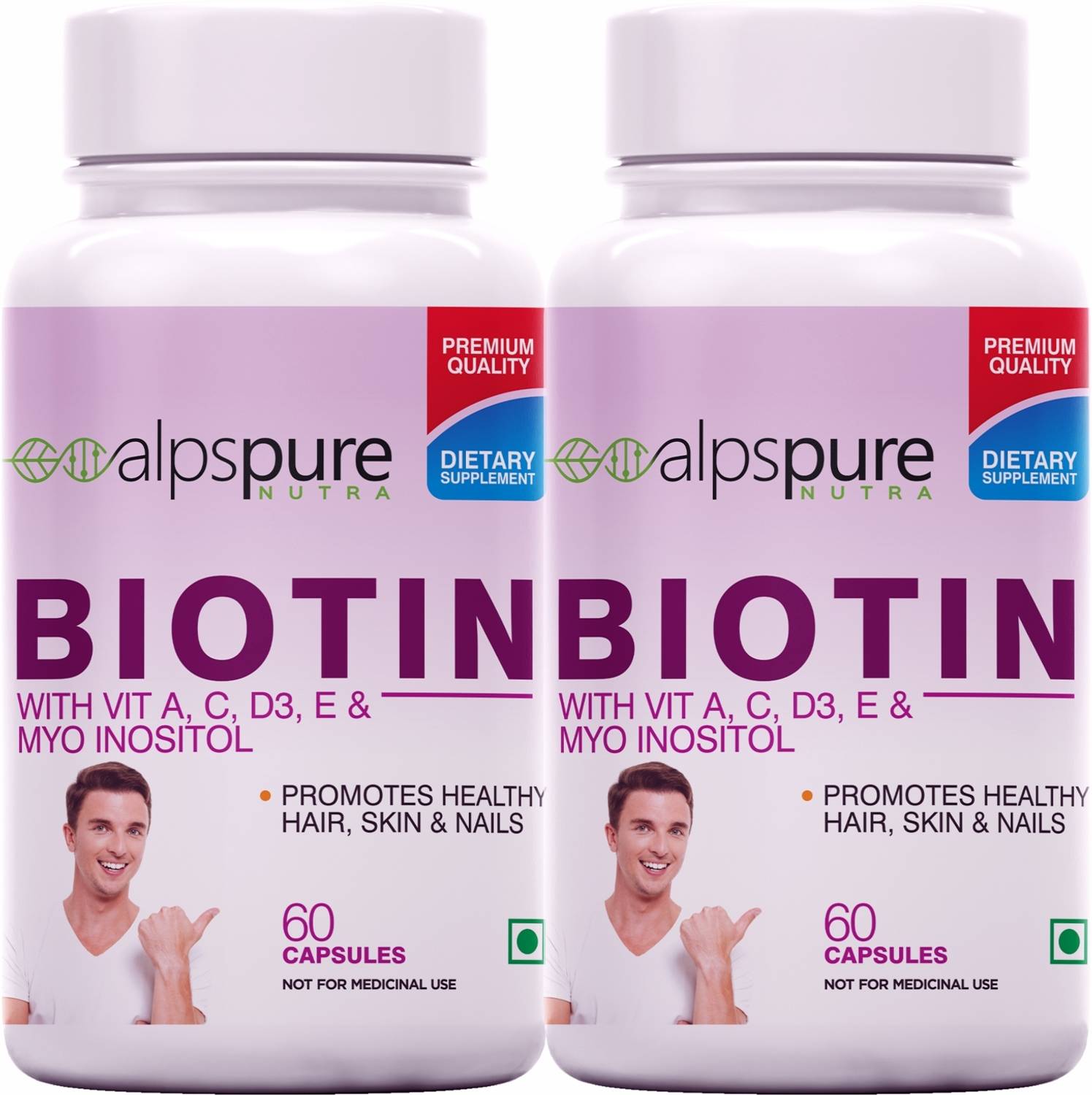 ALPSPURE Biotin with Vitamin A,C,D3|High Potency|Promotes Healthy Hair,Skin and Nails-Pack2