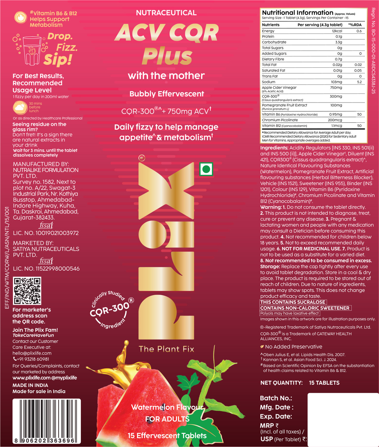 Image of The Plant Fix Plix Plus Effervescent | Fat Reduction & Metabolism Support |Watermelon Flavor (4 x 15 Tablets)