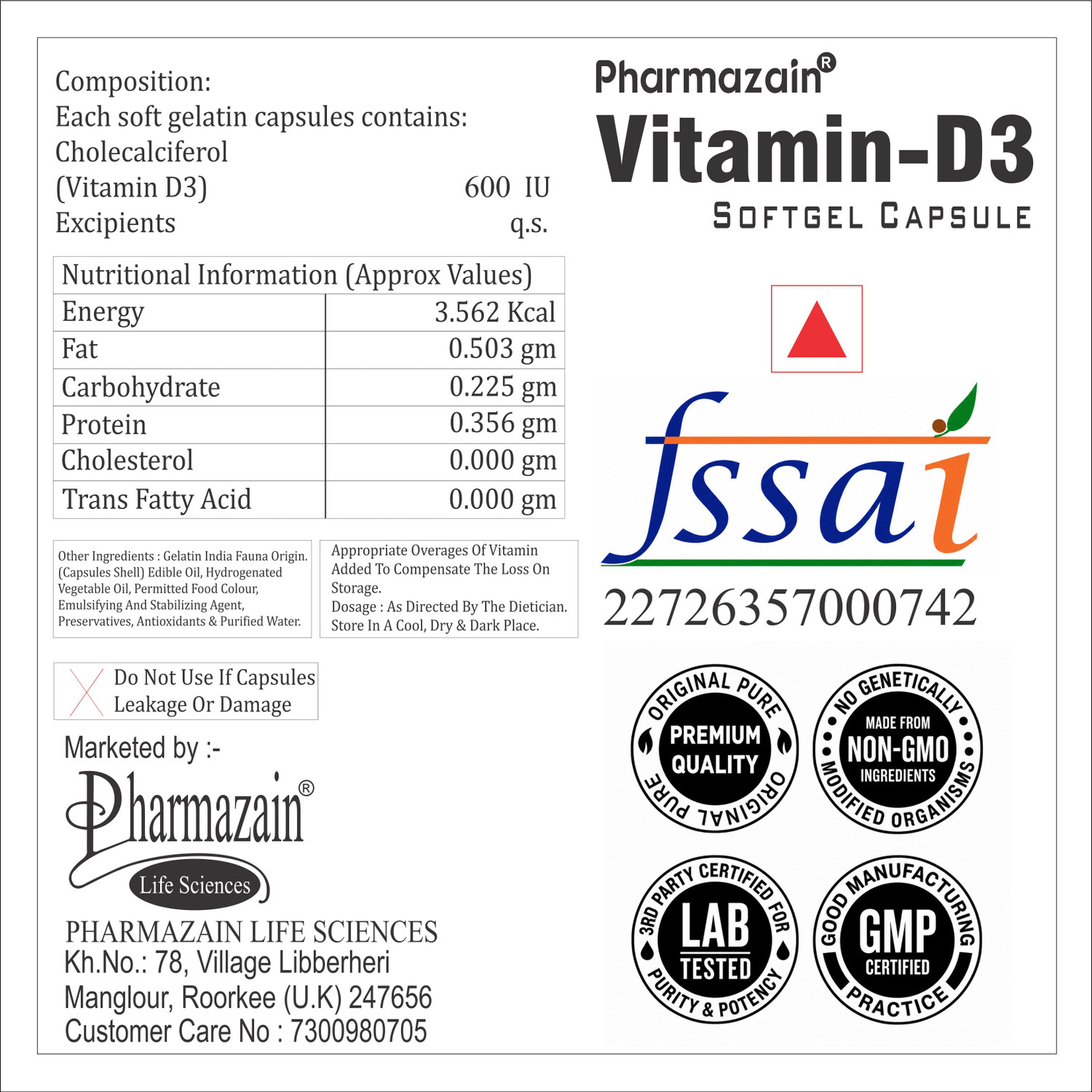Image of PHARMAZAIN Cholecalciferol (Vitamin D3) 60K iu Softgel Capsule for Joint & Bone Health