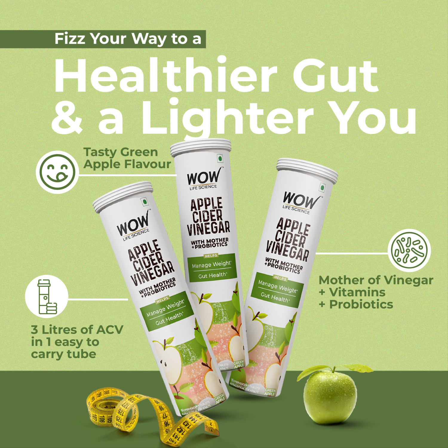 Image of WOW Life Science Apple Cider Vinegar Effervescent Tablet + Probiotics For Weight Management