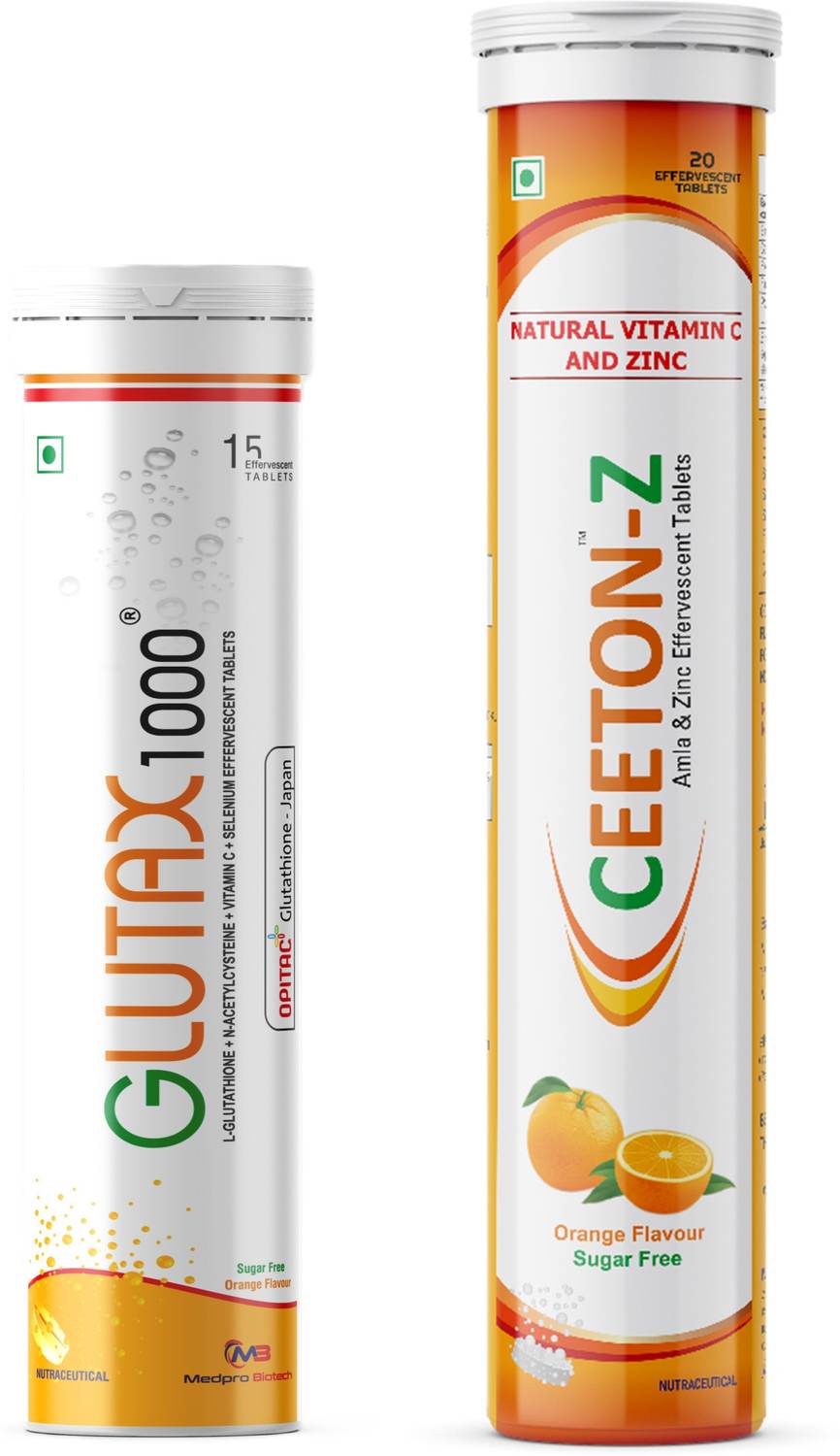 Glutax 1000 Opitac L-Glutathione 1000mg for Radiant Skin and Ceeton-Z Vitamin C Orange Price in India