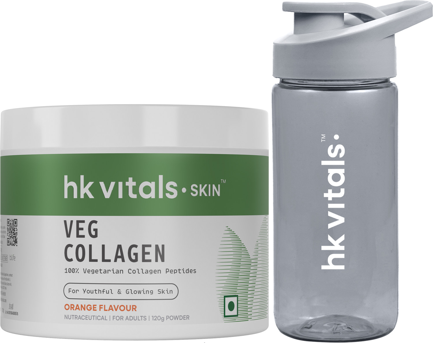 Image of hk vitals Veg Collagen Supplement, Orange + Sipper | Collagen Peptides with Vitamin C, E