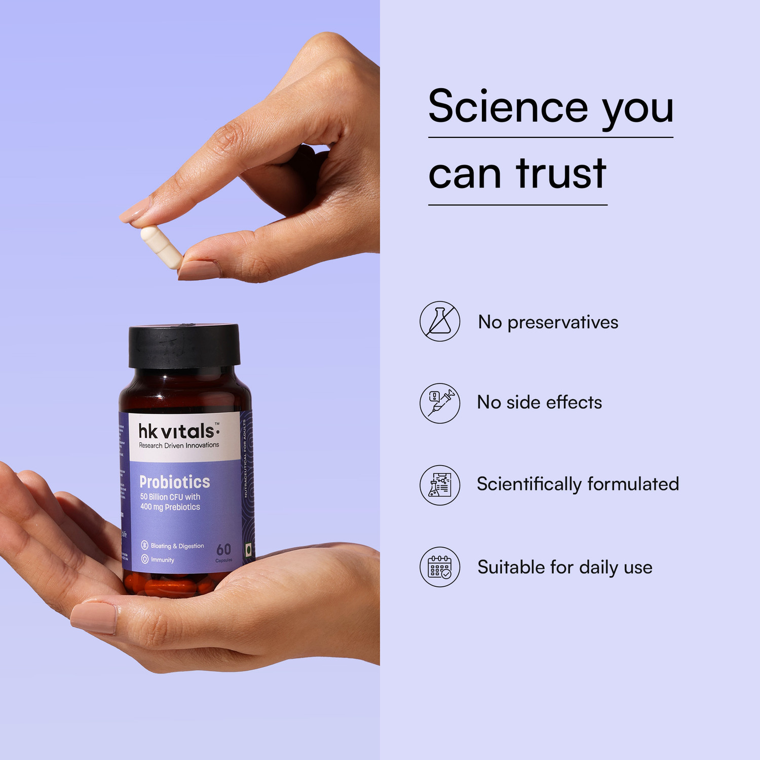 Image of hk vitals Probiotics | 50 Billion CFU with 400mg Prebiotics | For Digestion & Immunity