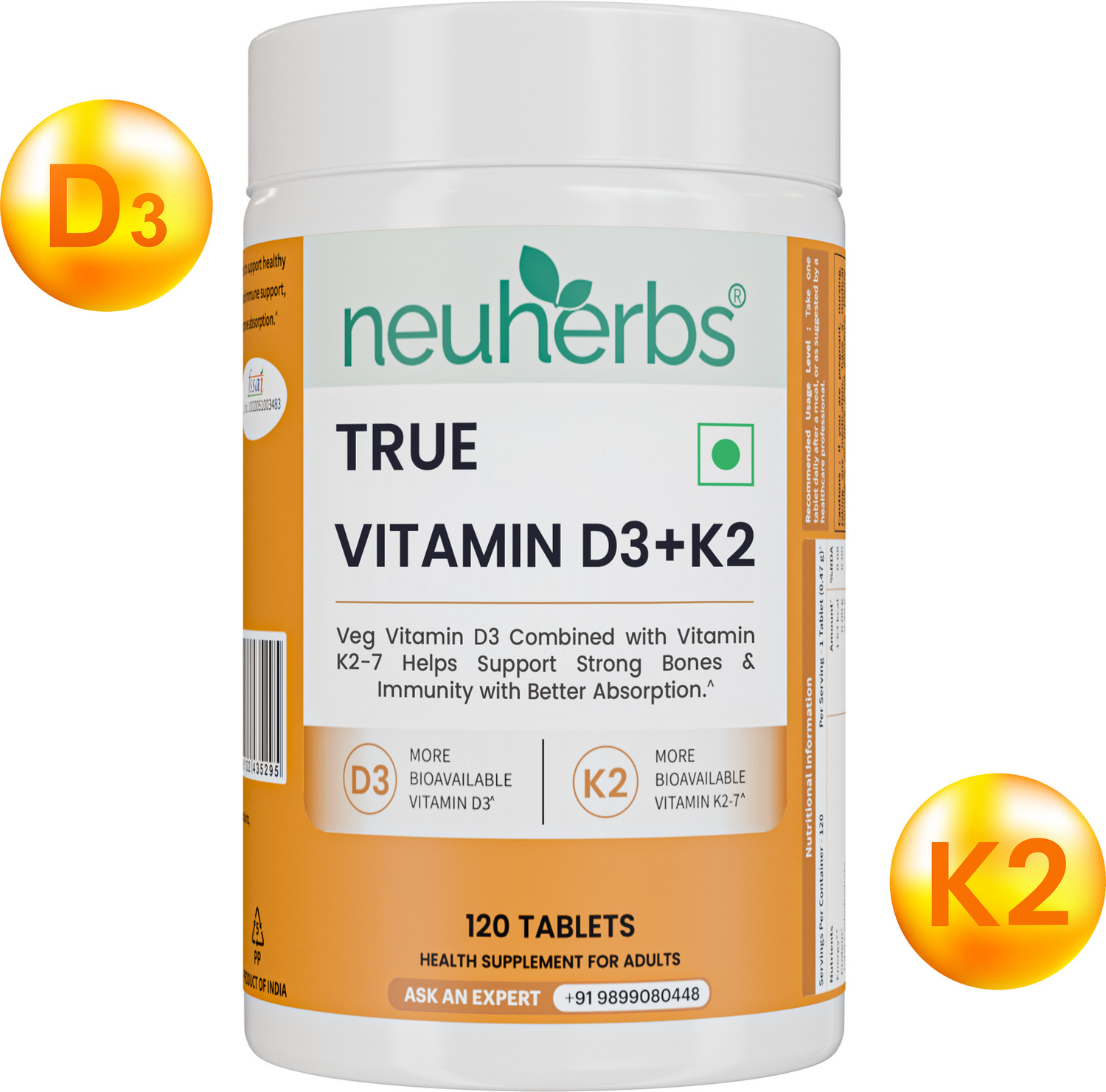 Image of Neuherbs True Vitamin D3 (600 IU) K2 MK7 Tablets | Supports Stronger Bones & Immunity