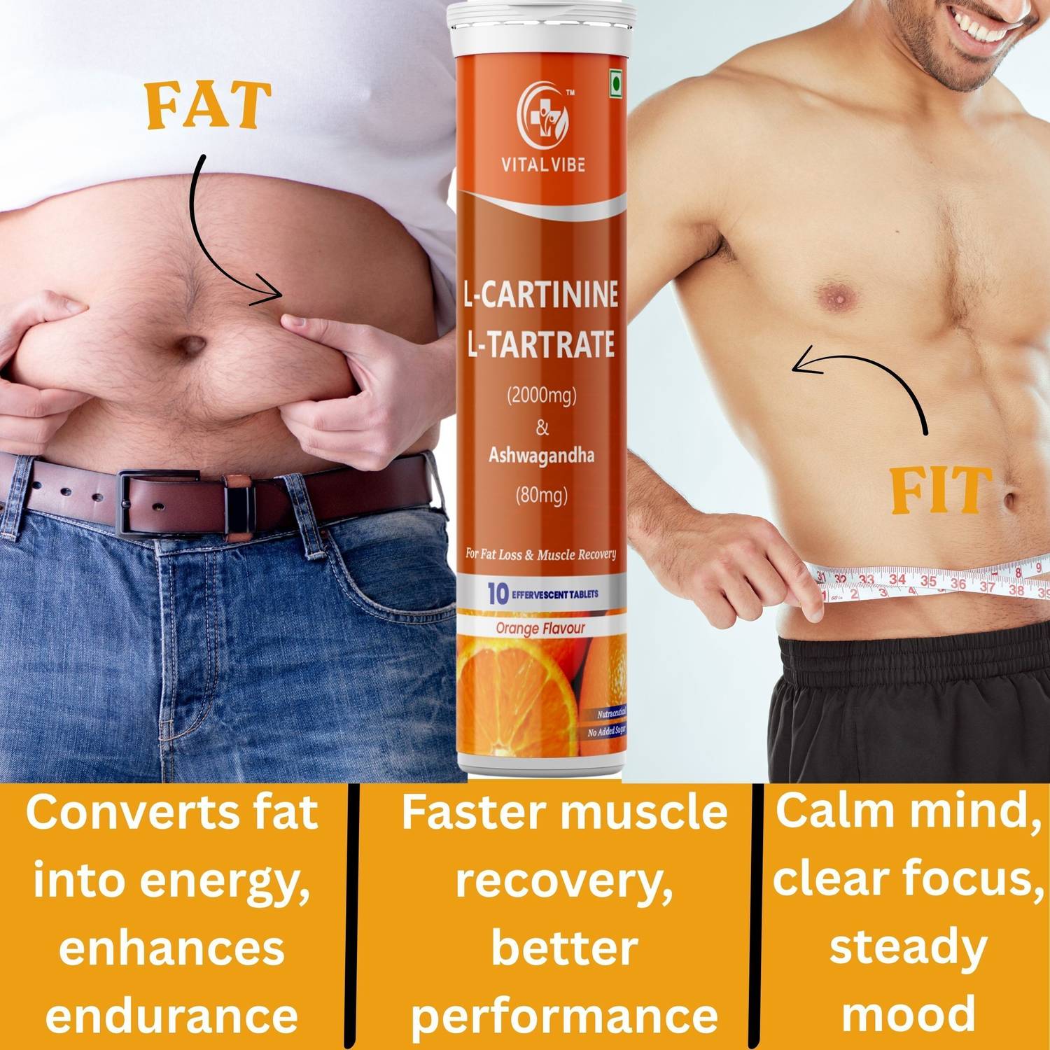 VITAL VIBE L-Carnitine Tartrate 2000mg+Ashwagandha Effervescent, Fat  Burner-Energy Booster Price in India