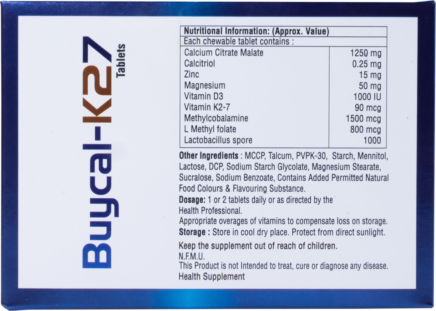 Image of MECORN BUYCAL K27 Calcium Supplement with D3 & B12, Chewable Mint Flevour, 190 Tablets
