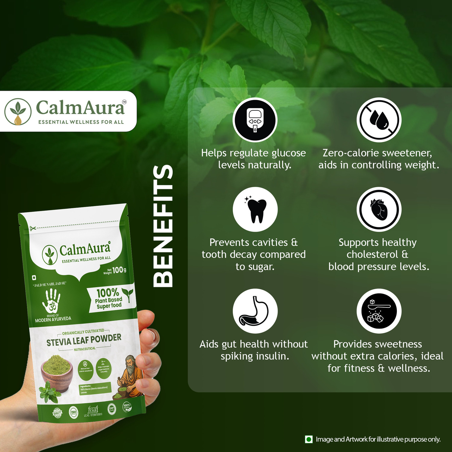 Image of CalmAura Stevia Leaf Powder | Natural Sweetener | Sugar Free Substitute