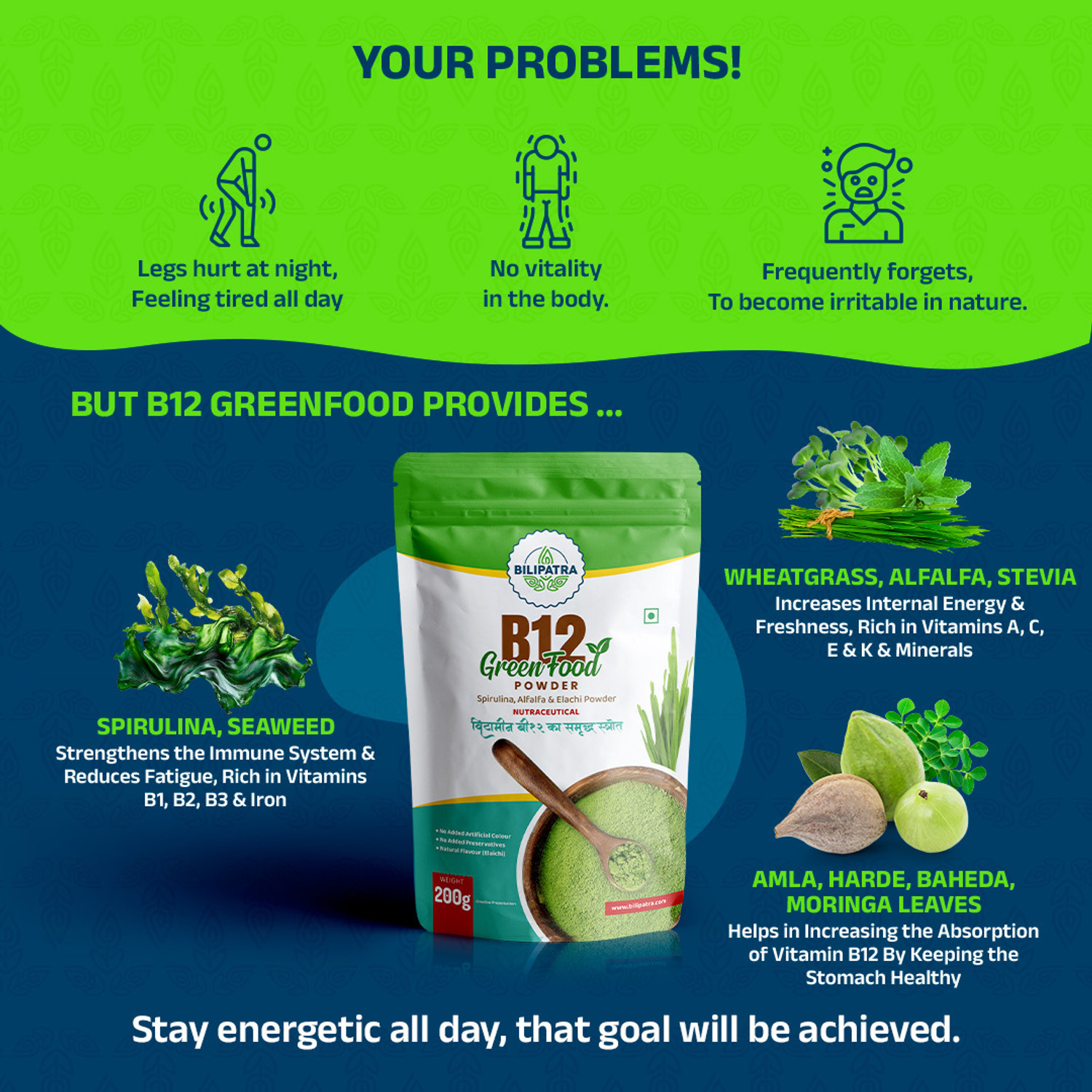 Image of bilipatra B12 Green Food Powder | Plant Based Vitamin B12 Suppliment for Men & Women