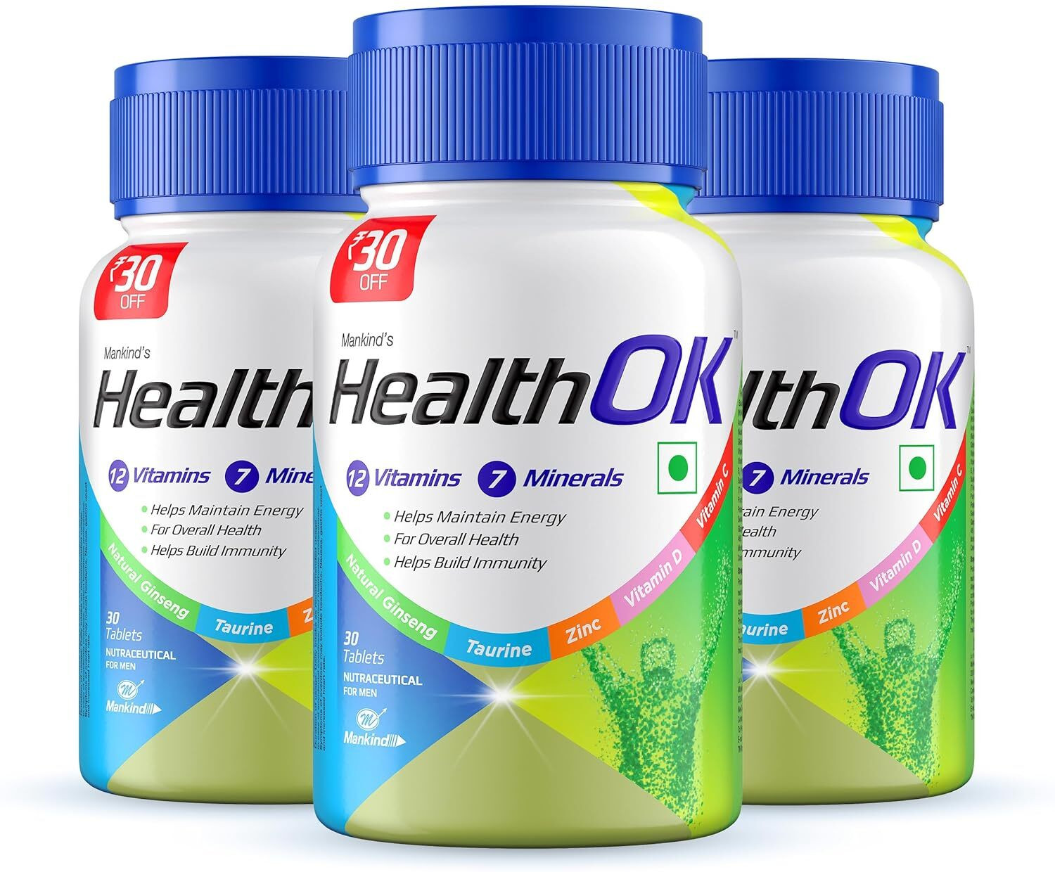 Image of Mankind's Health OK Multivitamin with Natural Ginseng and Taurine power Daily Energy,100% Vegetarian (3 x 30 Tablets)