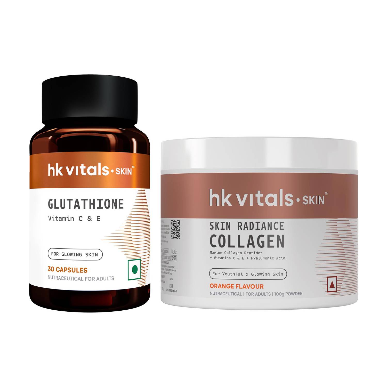 hk vitals Skin Radiance Marine Collagen, Orange, 100g + Glutathione with Vitamin C, E