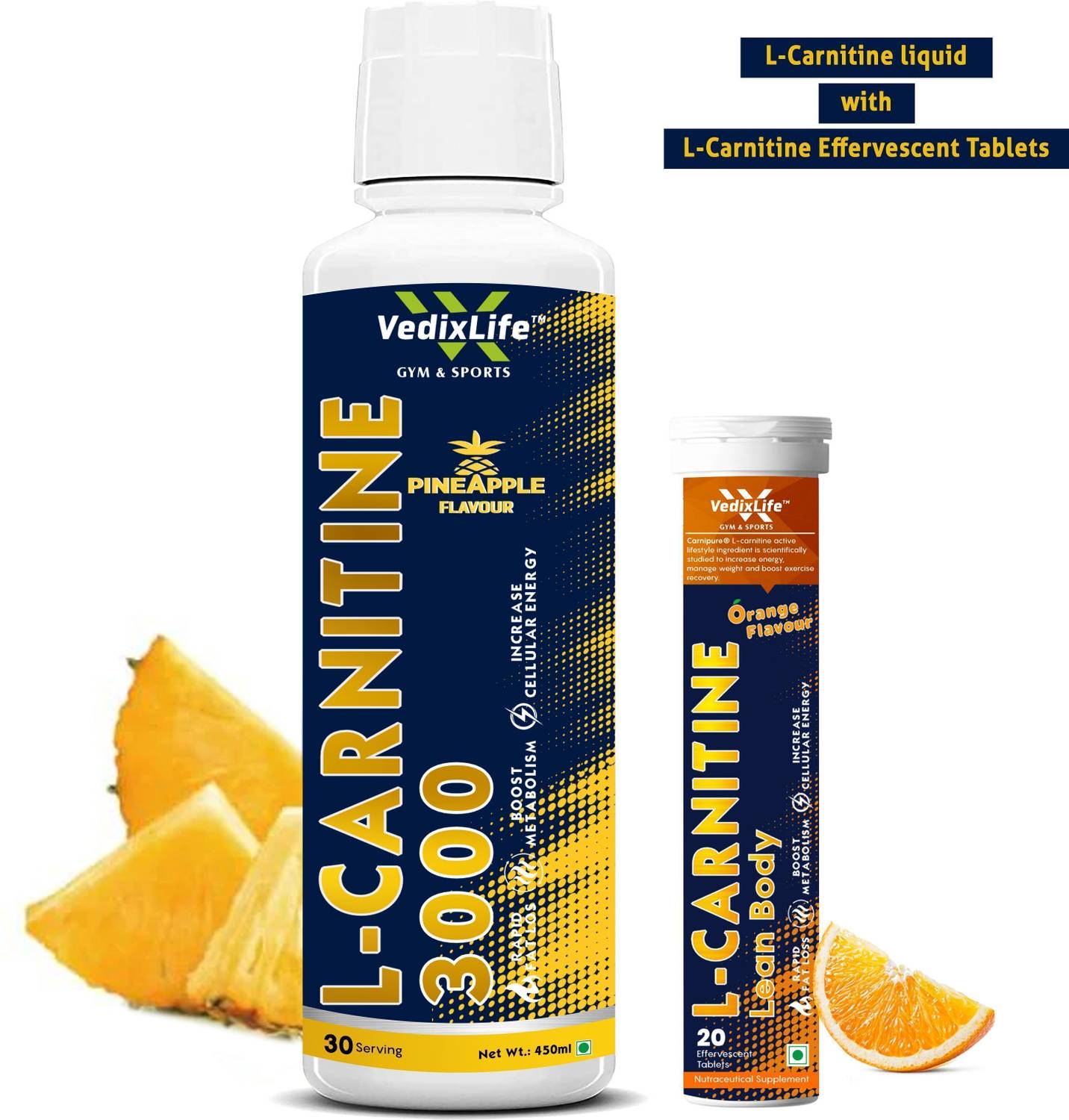 VedixLife L-Carnitine 3000 mg Liquid 450 ml, with L-Carnitine Effervescent Tablet
