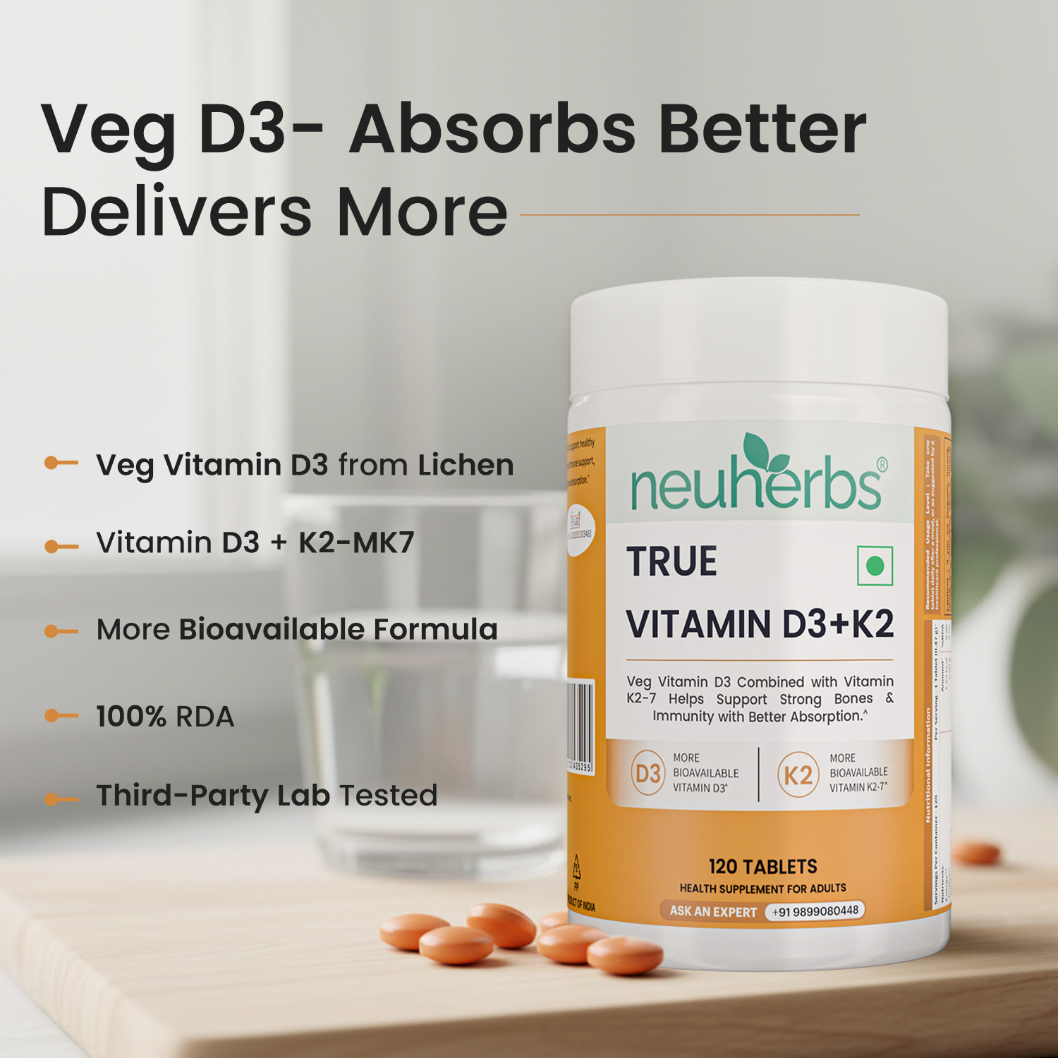 Image of Neuherbs True Vitamin D3 (600 IU) K2 MK7 Tablets | Supports Stronger Bones & Immunity