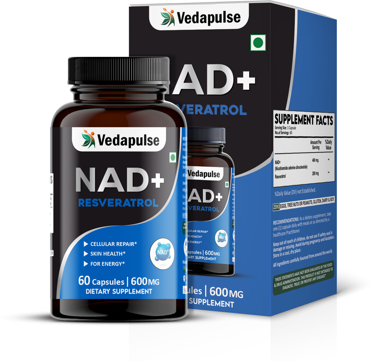 Image of Vedapulse NAD+ Resveratrol Capsules - Boost Energy & Anti-Aging with NAD+ & Resveratrol