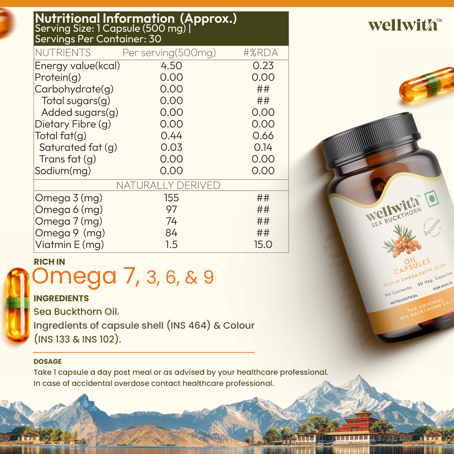 Image of Wellwith Sea Buckthorn Oil Capsules, Omega 3, 6, 7 & 9 for Heart, Skin & Immunity