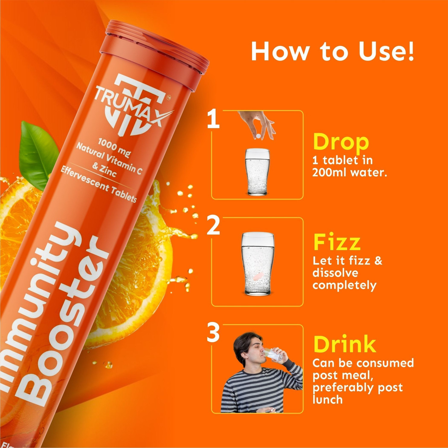 Image of TRUMAX Immunity booster Vitamin C Effervescent - 1000mg Amla, Zinc - Skin Protection