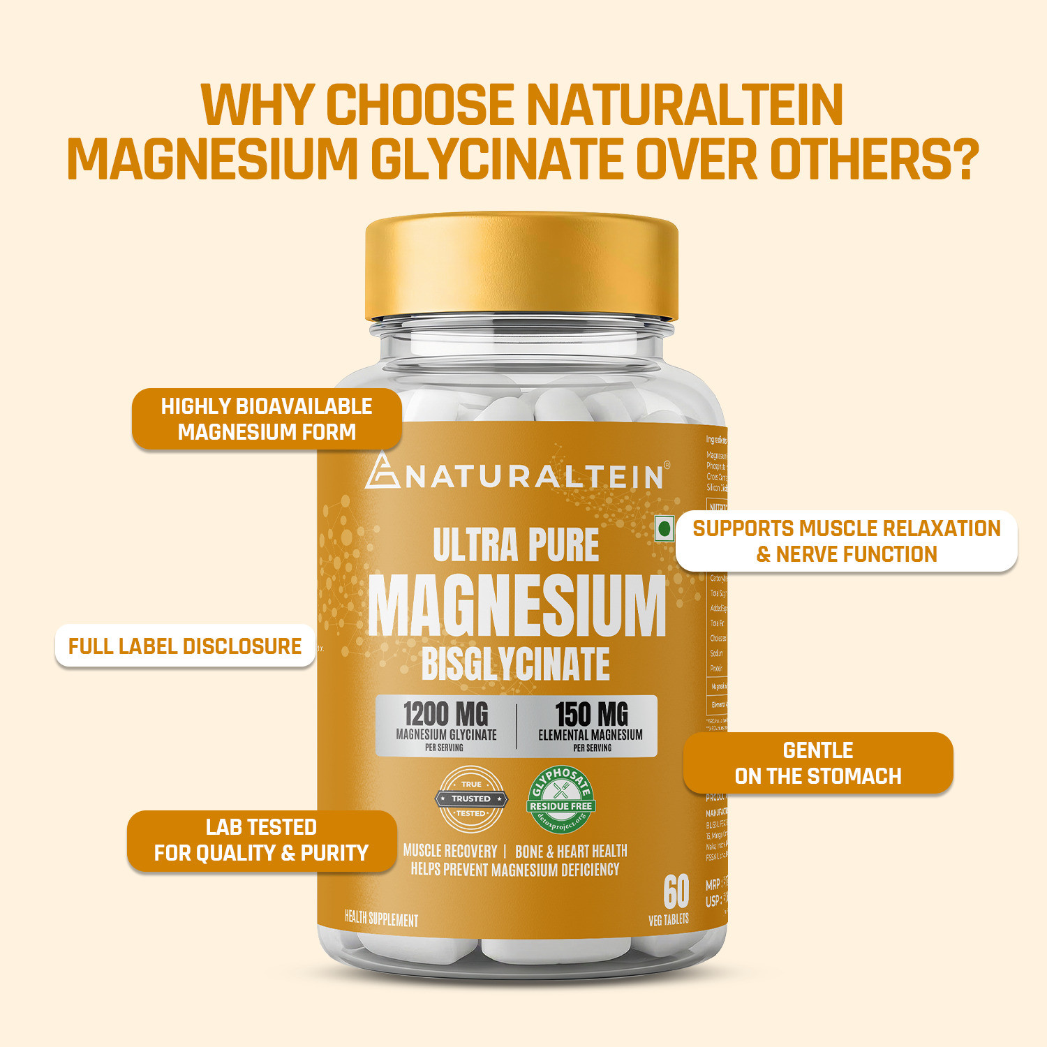 Image of NATURALTEIN Magnesium Glycinate 1200 mg Supplement|Sleep, Brain, Muscle & Heart Support