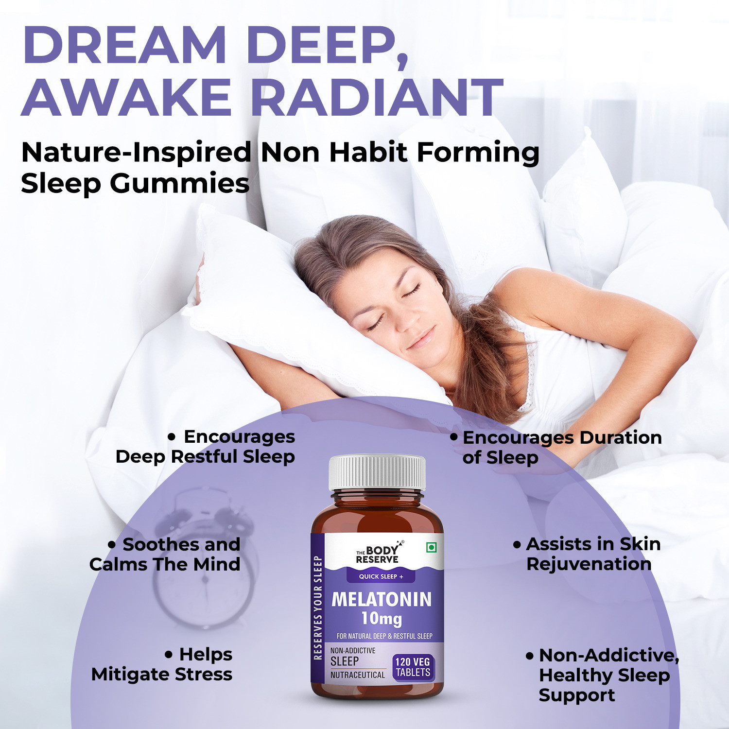 Image of THE BODY RESERVE Melatonin 10mg (120) Tablets for Natural Deep Sleep, Muscle & Nerve Relaxation.