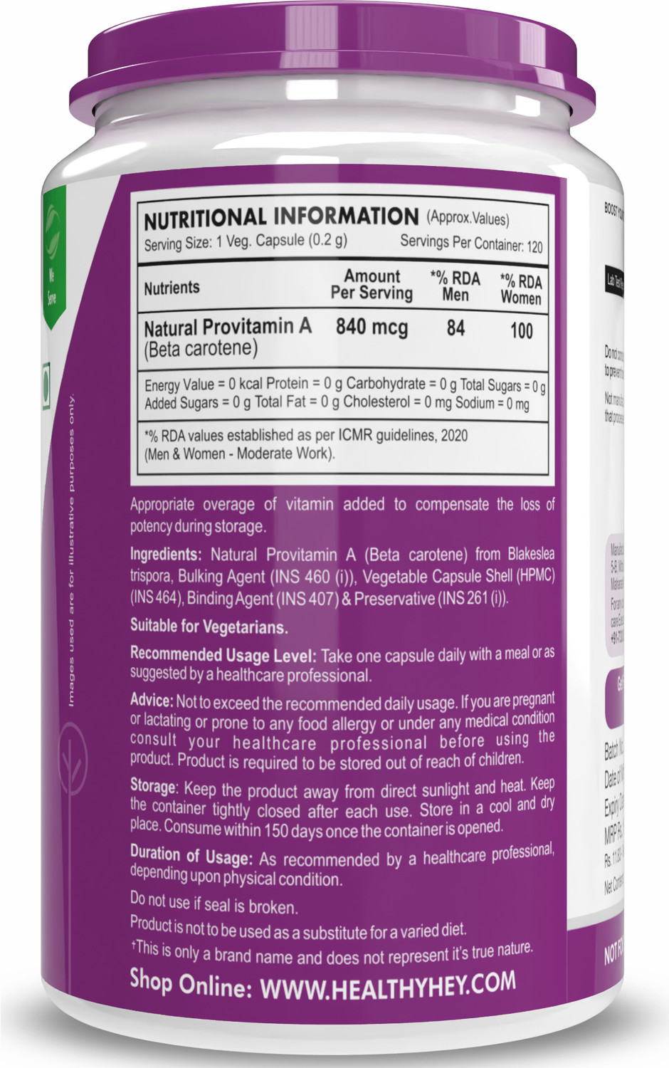 Image of HealthyHey Nutrition Natural Vitamin A from Beta Carotene | Non-Synthetic -120 Veg Capsules