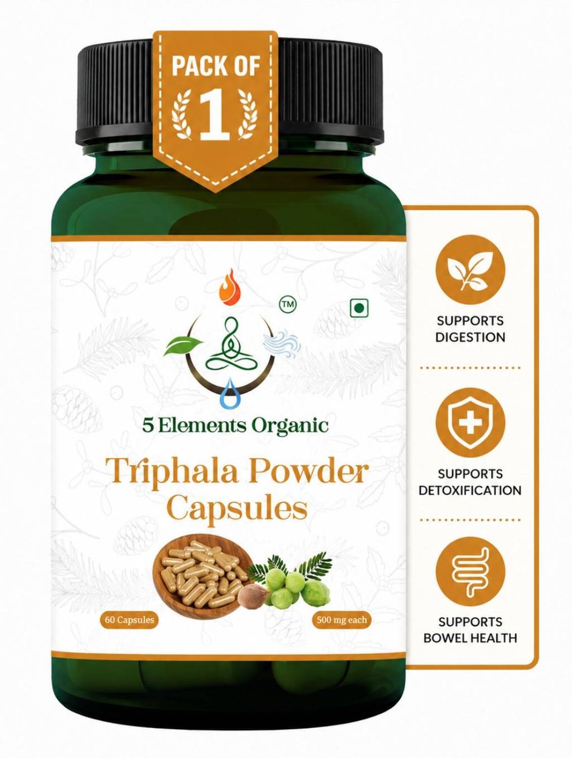 5 ELEMENTS ORGANIC Triphala Capsules 500mg | 60 Veg Capsules | Digestive Wellness