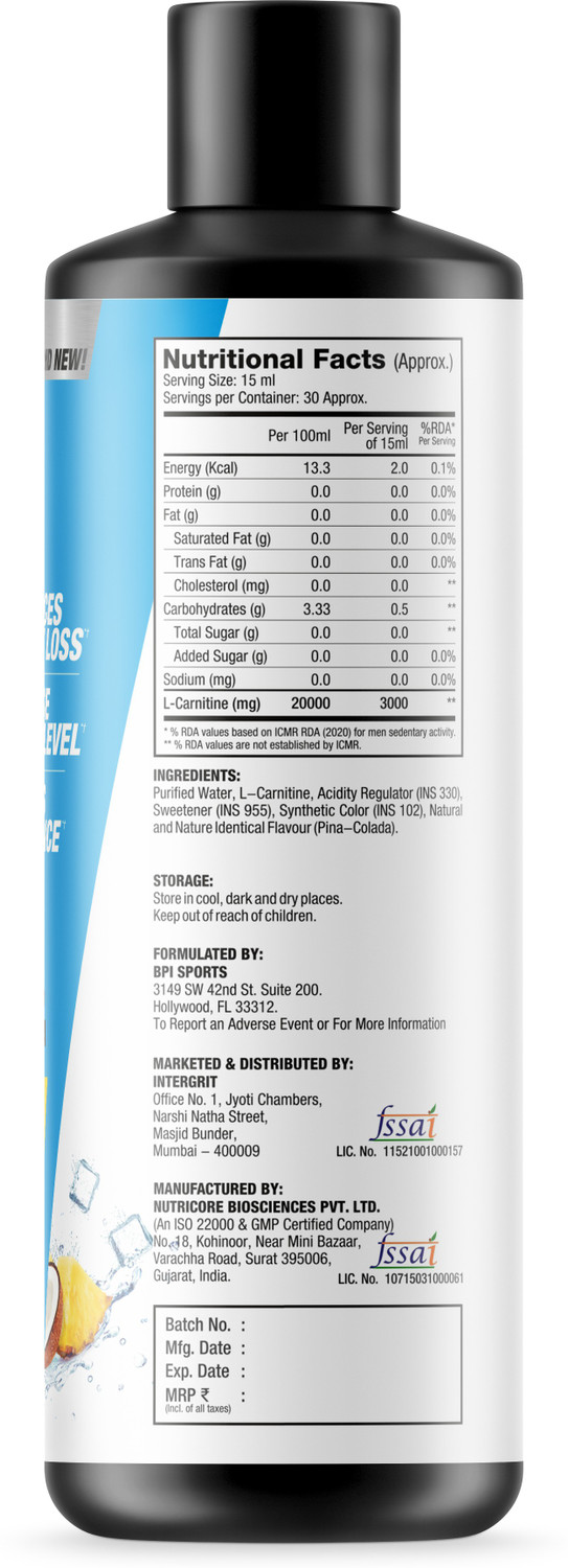 Image of BPI Sports Liquid Carnitine - Pina Colada Splash (450ml)