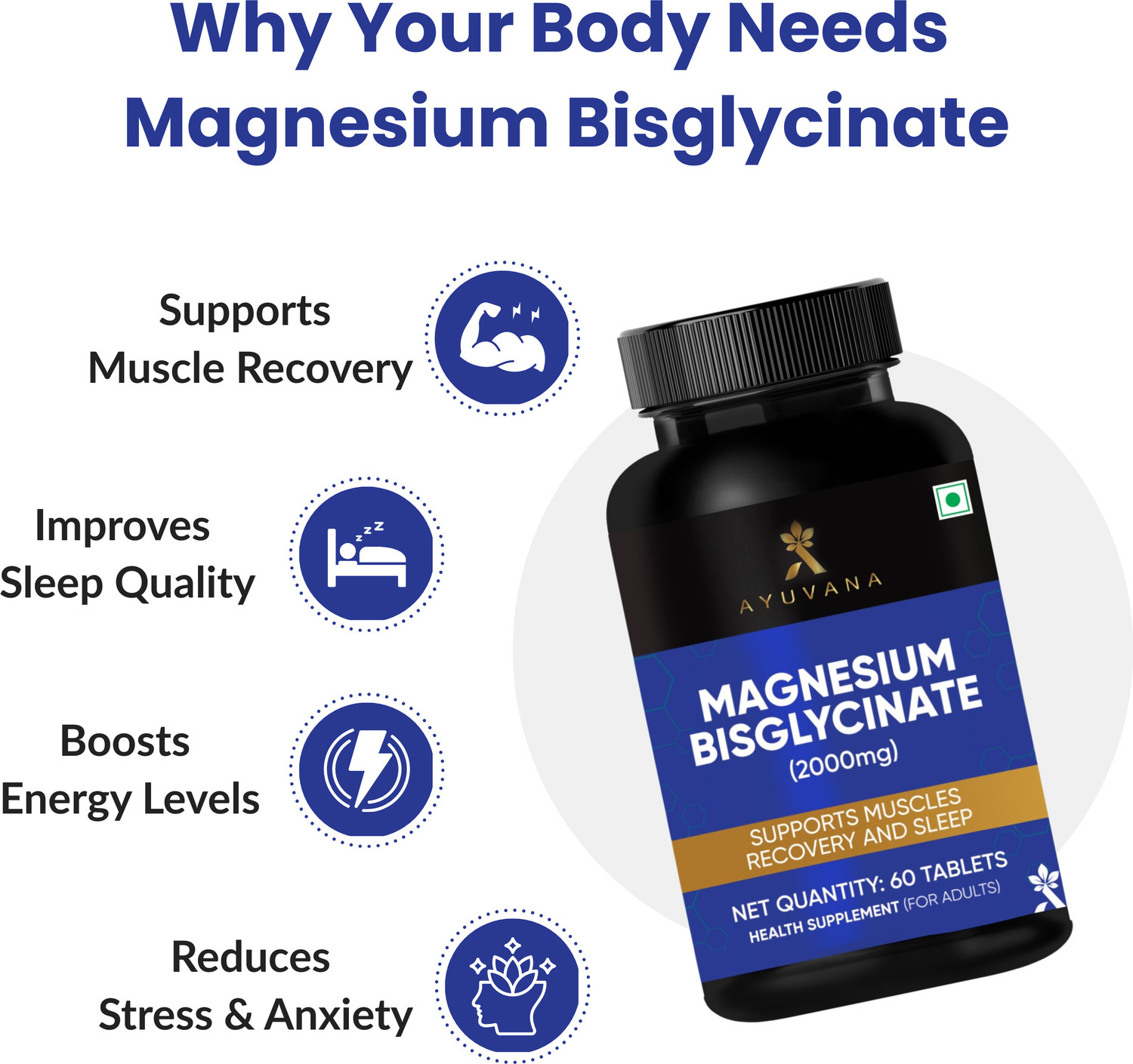Image of Ayuvana Magnesium Bisglycinate Tablets 2000mg 440mg Elemental Muscle Sleep