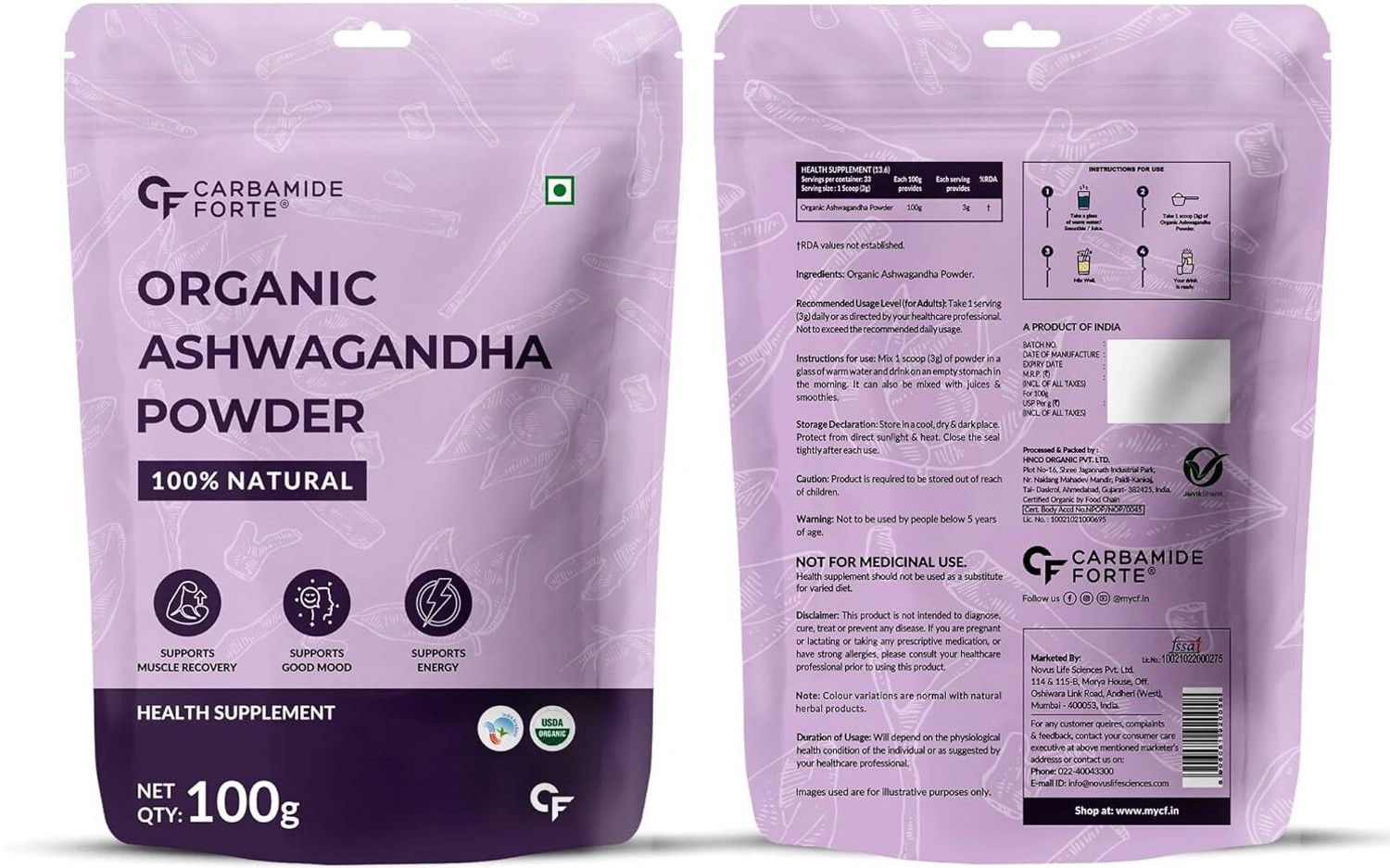 Image of CARBAMIDE FORTE 100% Organic Ashwagandha Powder for Vitality, Strength & Stress Management
