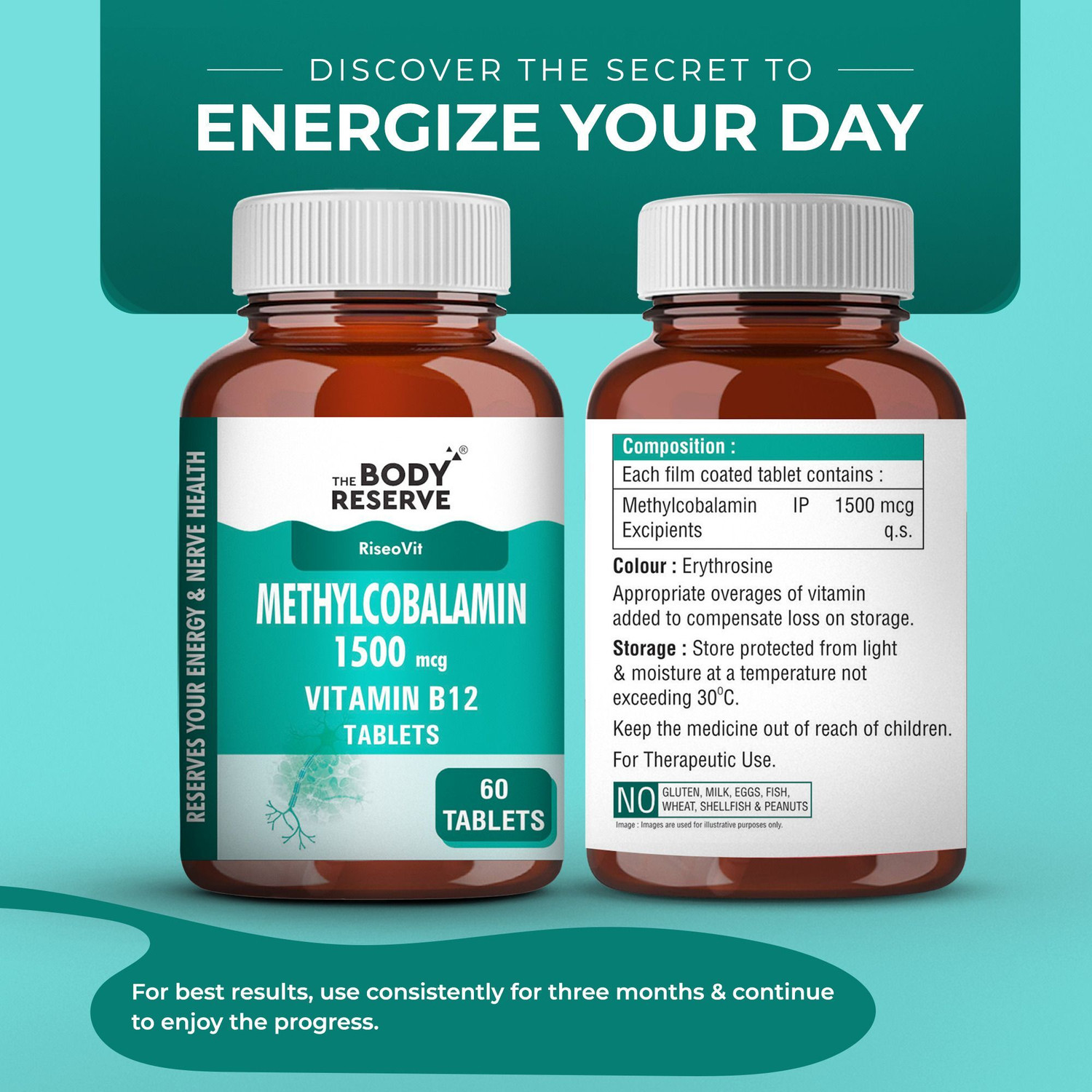 Image of THE BODY RESERVE Vitamin B12 Tablets 1500 mcg as Methylcobalamin Supplements for Men & Women(60)