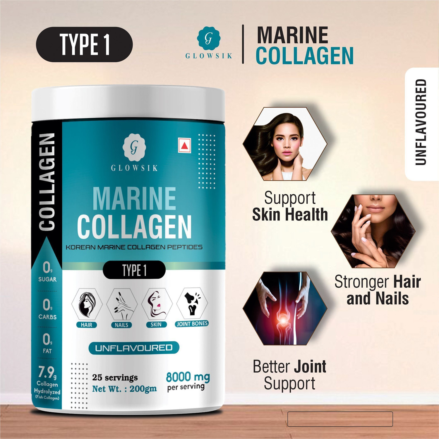 Image of G GLOWSIK Korean Marine Collagen Powder Hydrolyzed Collagen for Glow & Healthy Skin , Hair