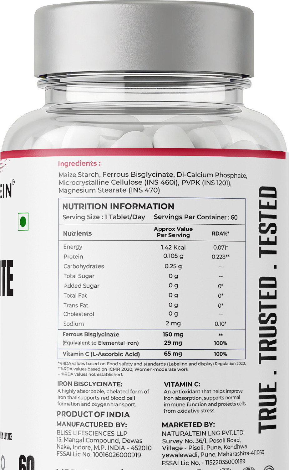 Image of NATURALTEIN Iron Bisglycinate with Vitamin C for Women| Clean & Additive-Free