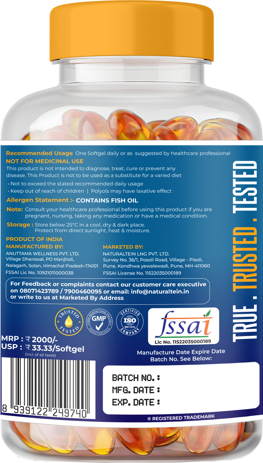Image of NATURALTEIN Ultimate Omega-3 plus 1250mg |450mg EPA & 300mg DHA with Vitamin D3 and E
