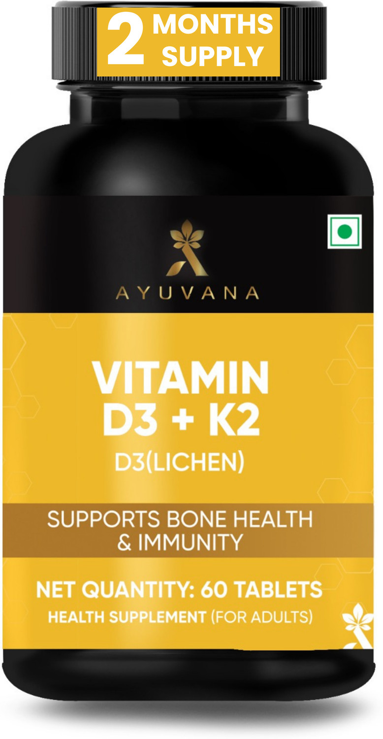 Image of Ayuvana Vitamin D3 K2 Tablets 600 IU D3 55mcg K2 Bone for Immunity Support (60 Tablets)