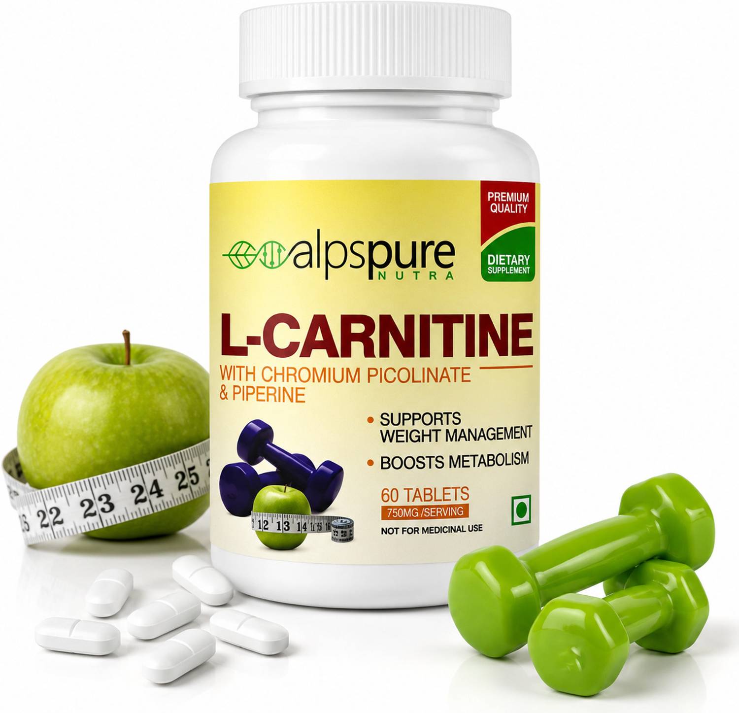 ALPSPURE Nutra L-Carnitine 750mg Tablets, Chromium Picolinate, Piperine, Boosts Metabolism